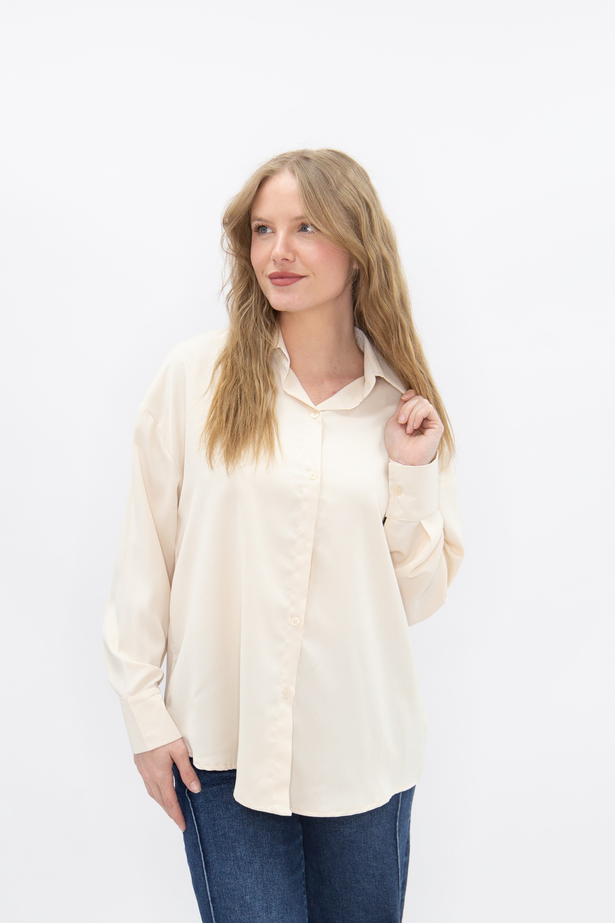 Women's Ivory Classic Button-Up Shirt | Relaxed Fit | Lightweight | 100% Polyester