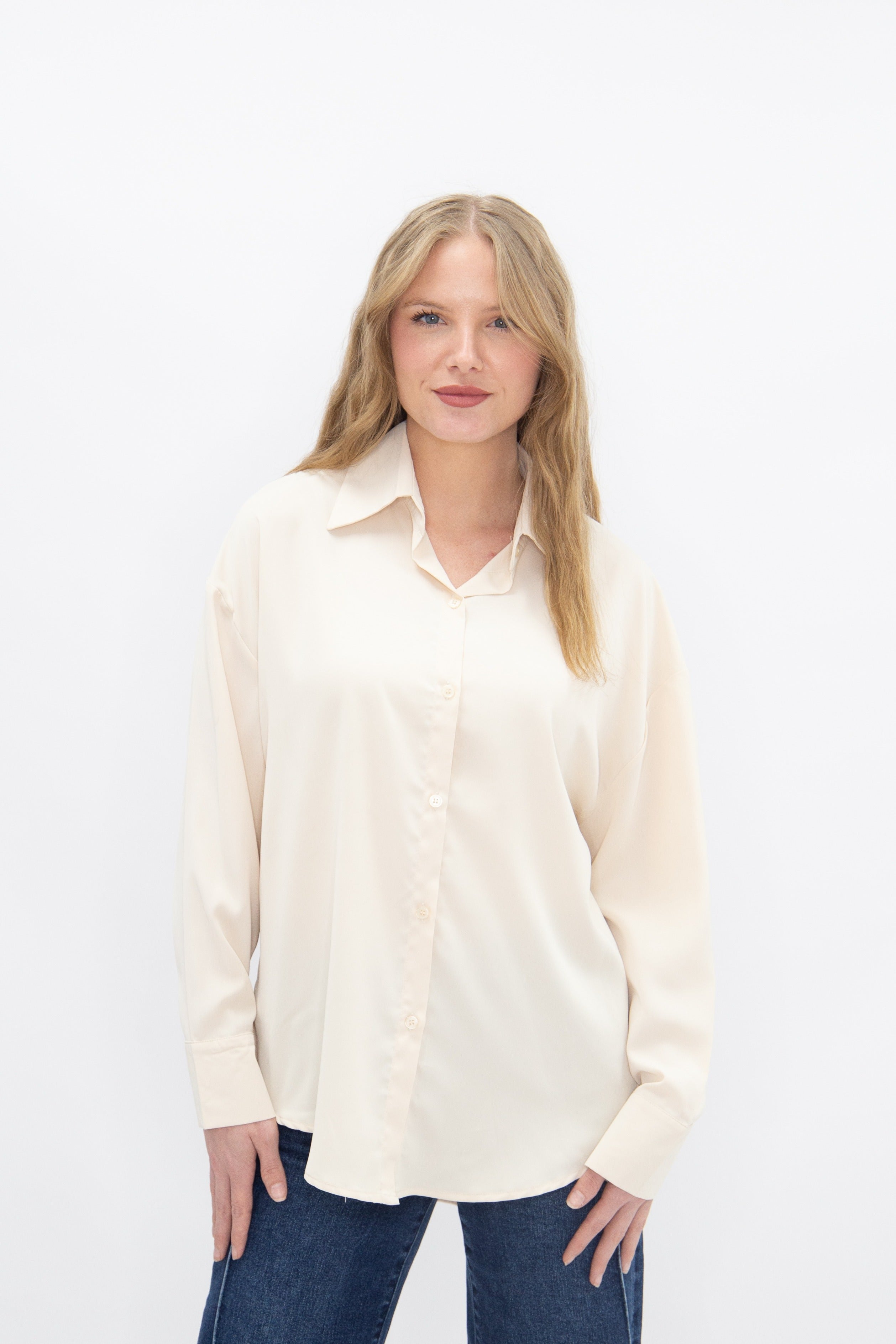 Women's Ivory Classic Button-Up Shirt | Relaxed Fit | Lightweight | 100% Polyester