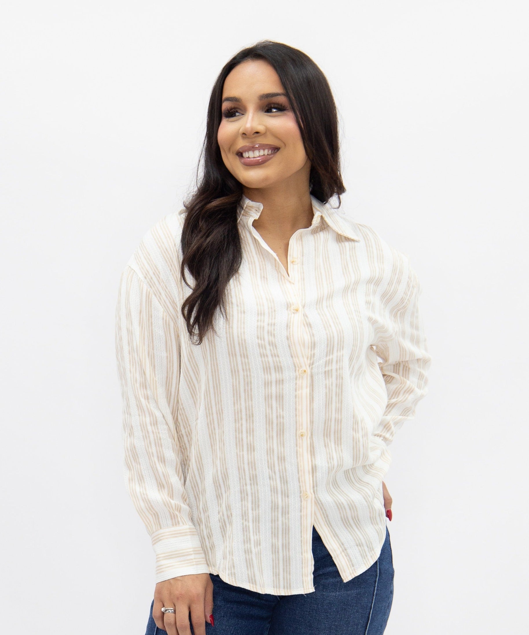 Kathryn Button-Up, Beige Stripes