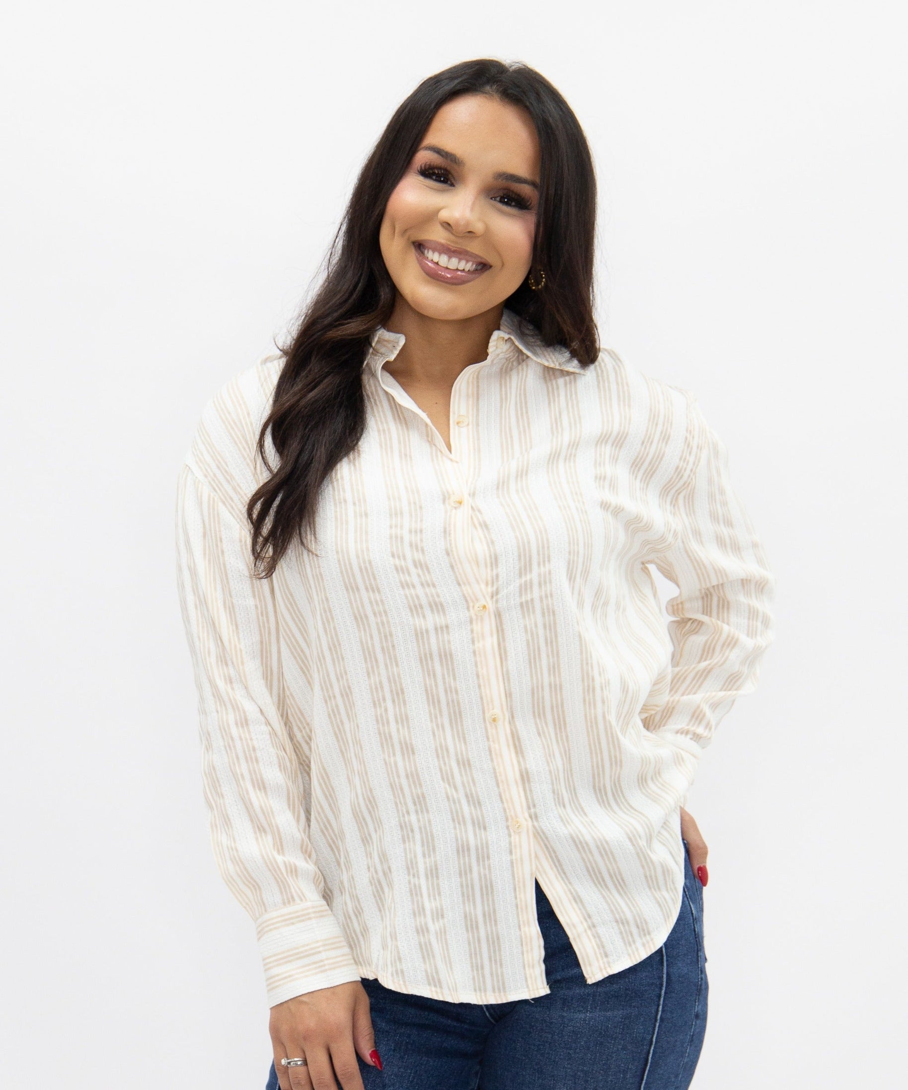 Kathryn Button-Up, Beige Stripes
