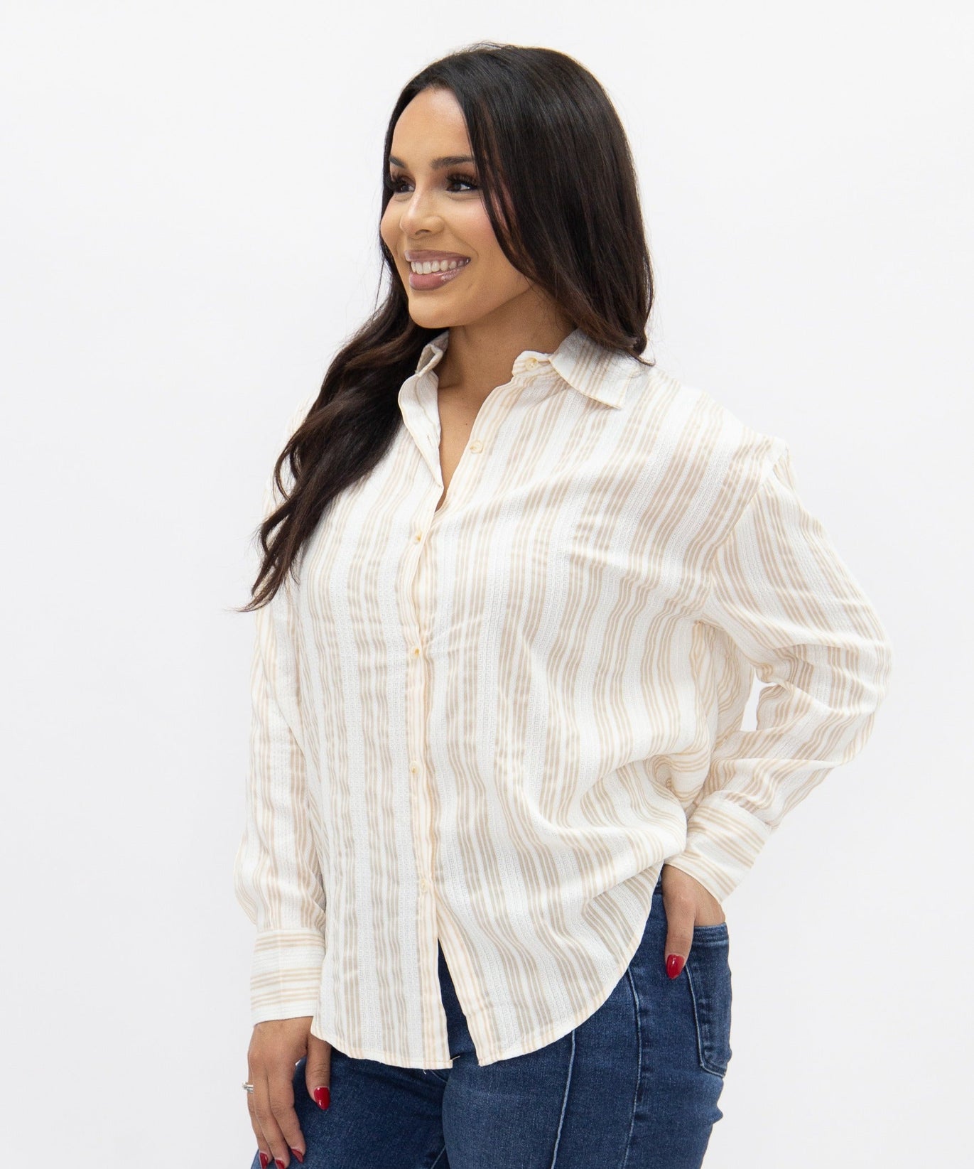 Kathryn Button-Up, Beige Stripes