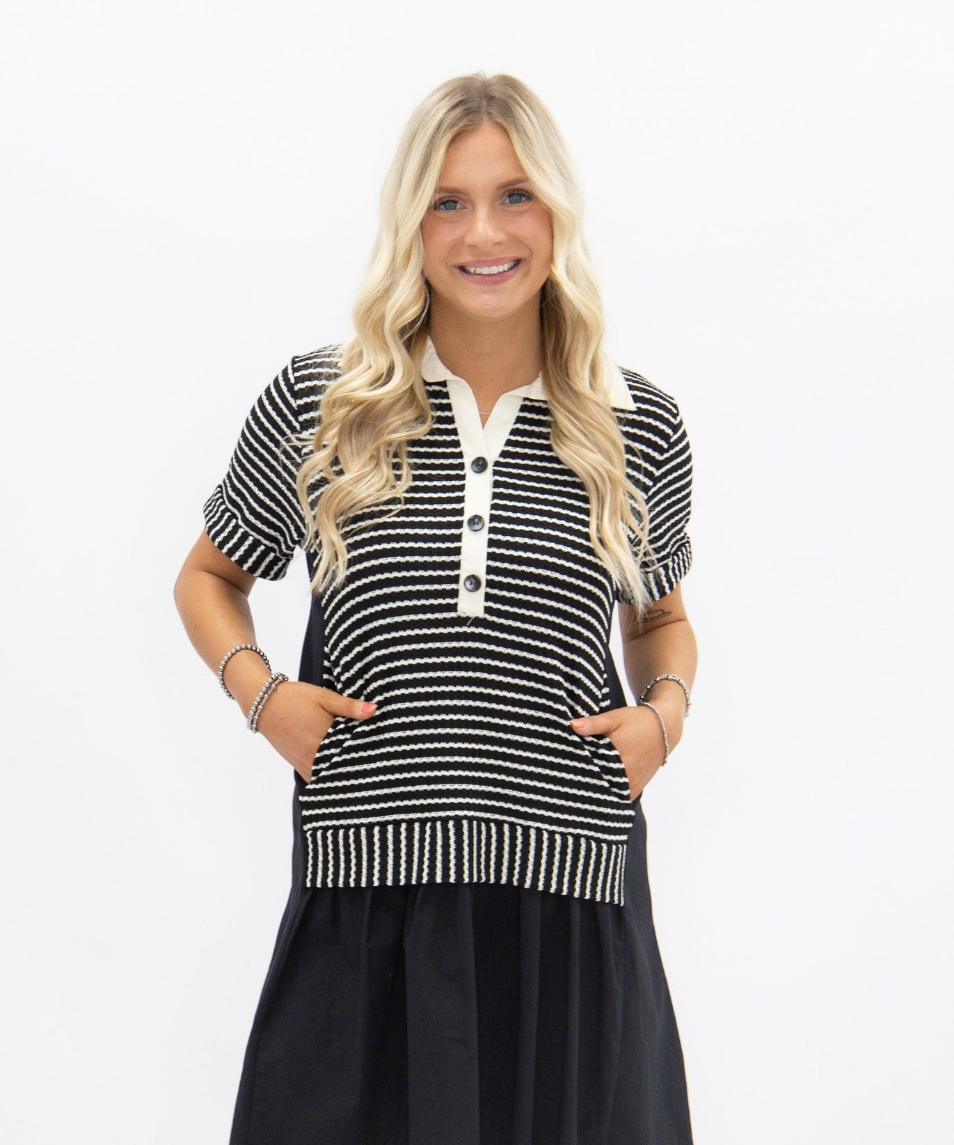 Striped Knit Top with Attached Skirt, Black