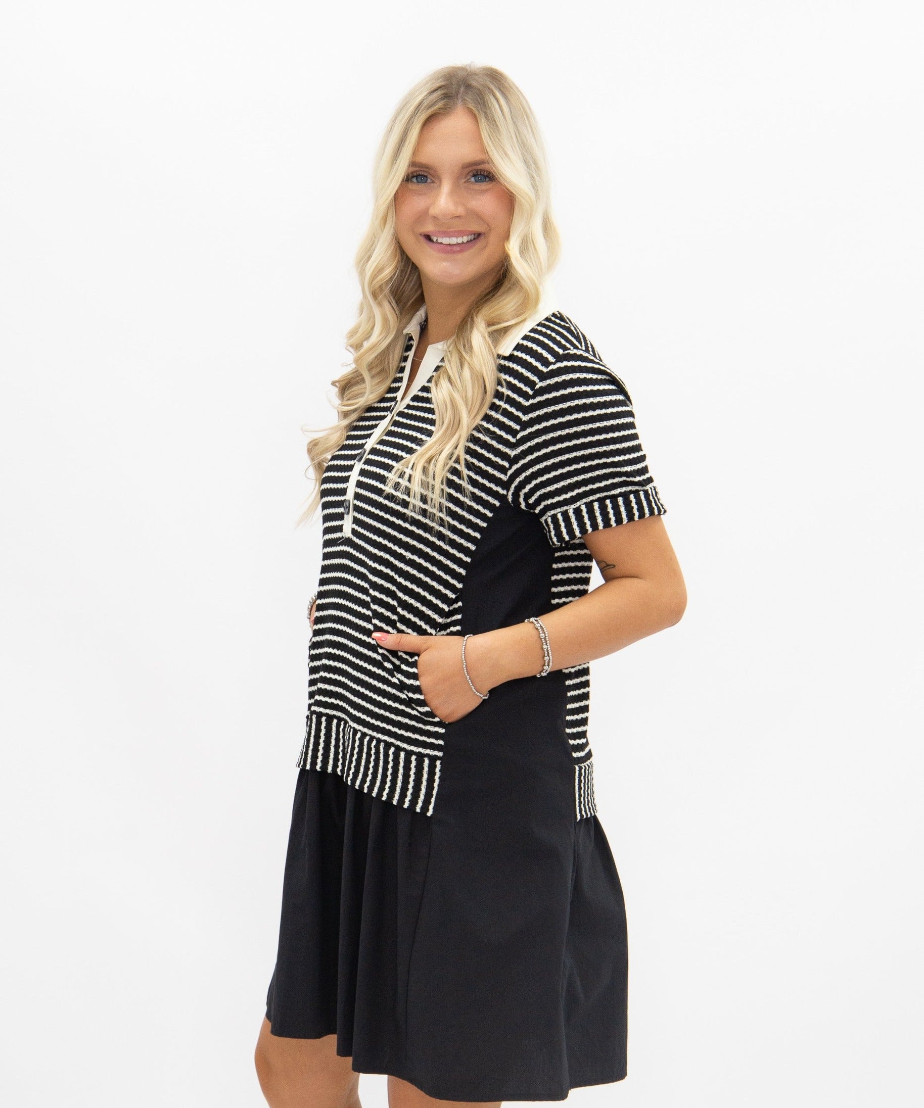 Striped Knit Top with Attached Skirt, Black
