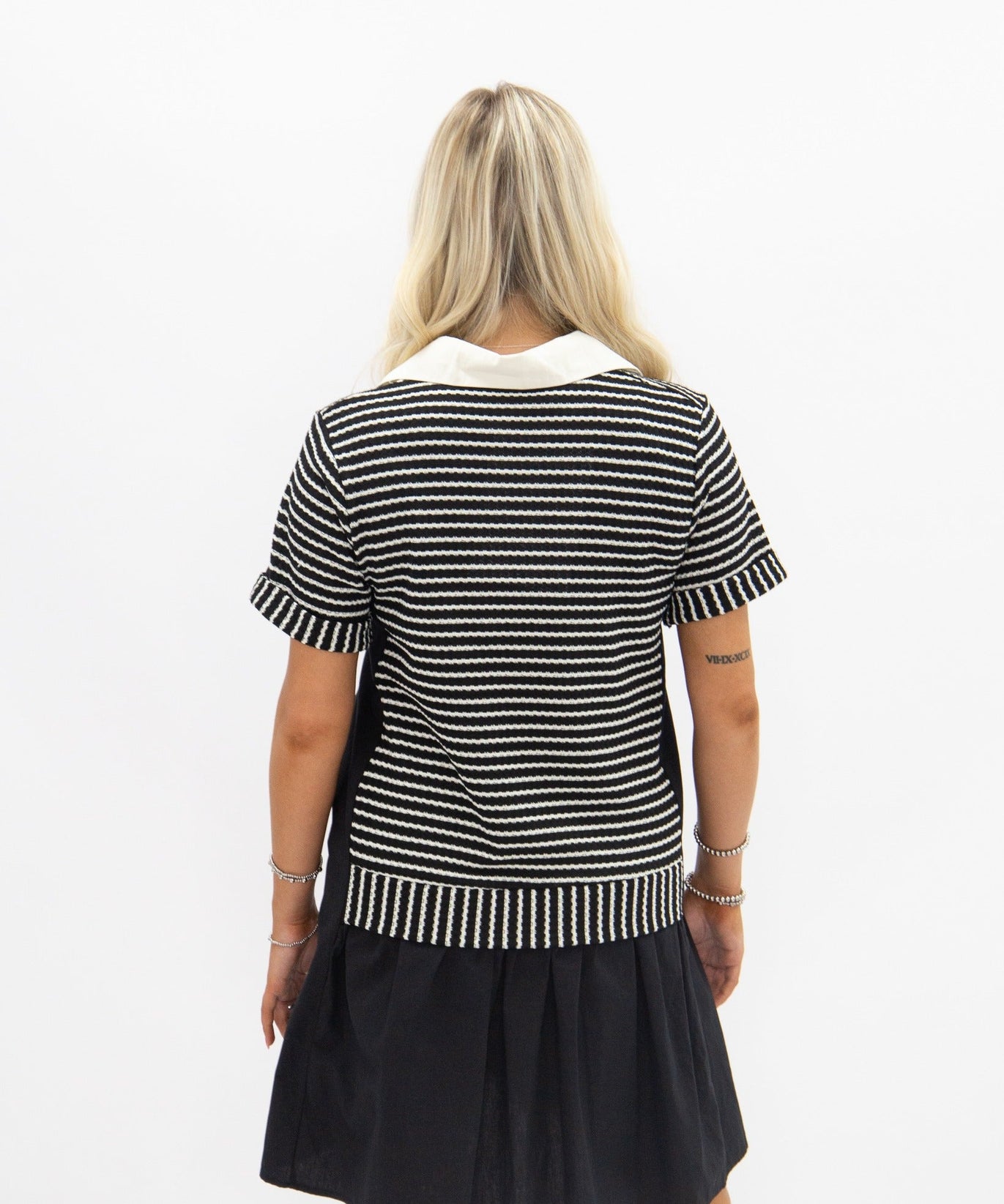 Striped Knit Top with Attached Skirt, Black