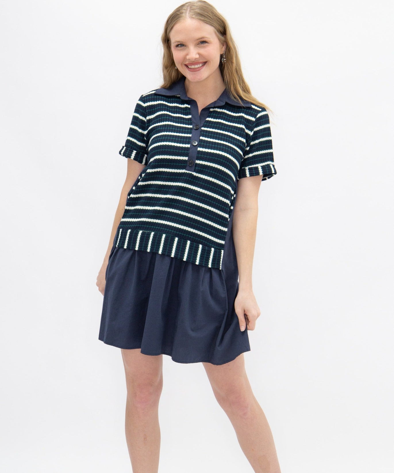 Striped Knit Top with Attached Skirt, Navy