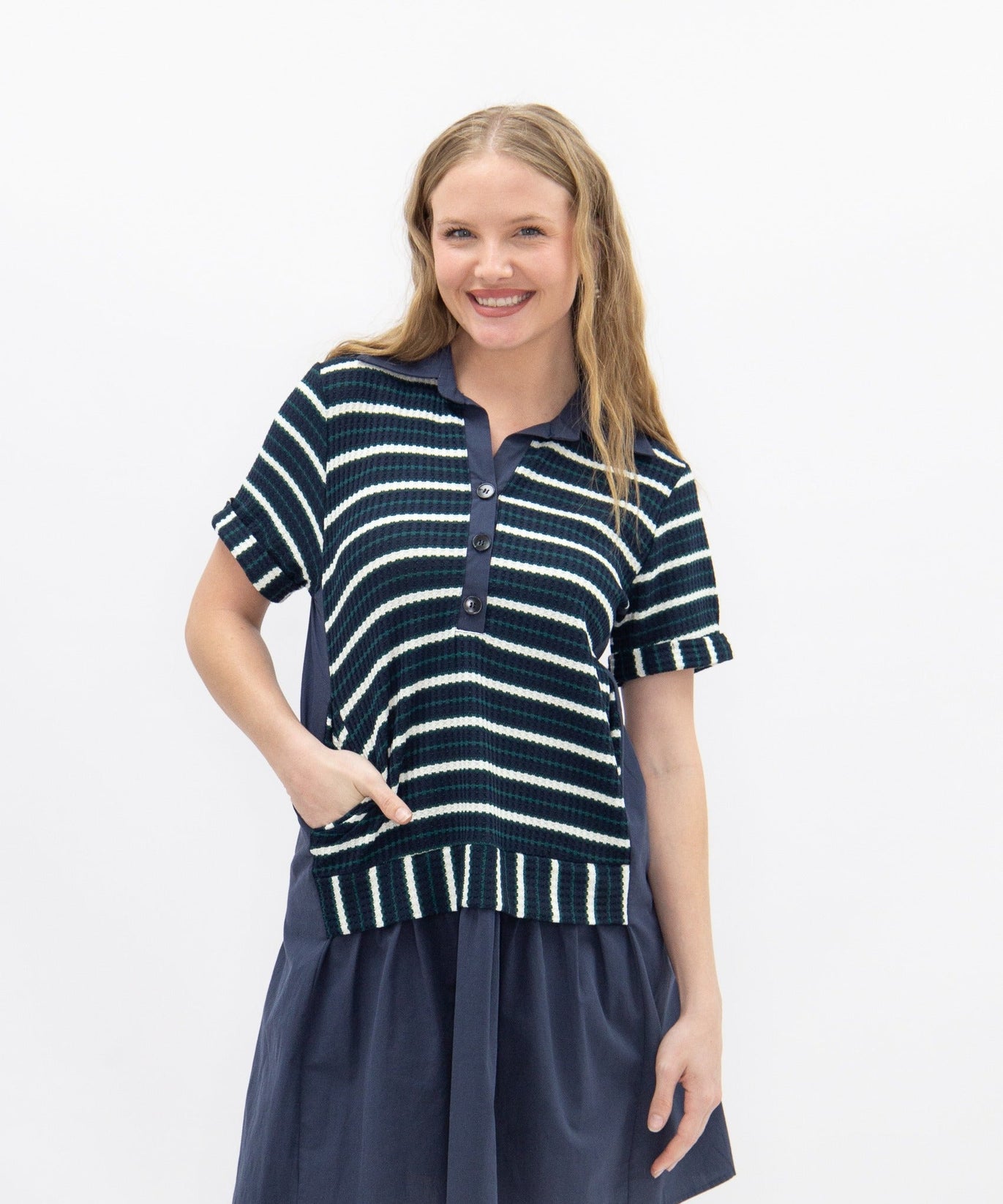Striped Knit Top with Attached Skirt, Navy