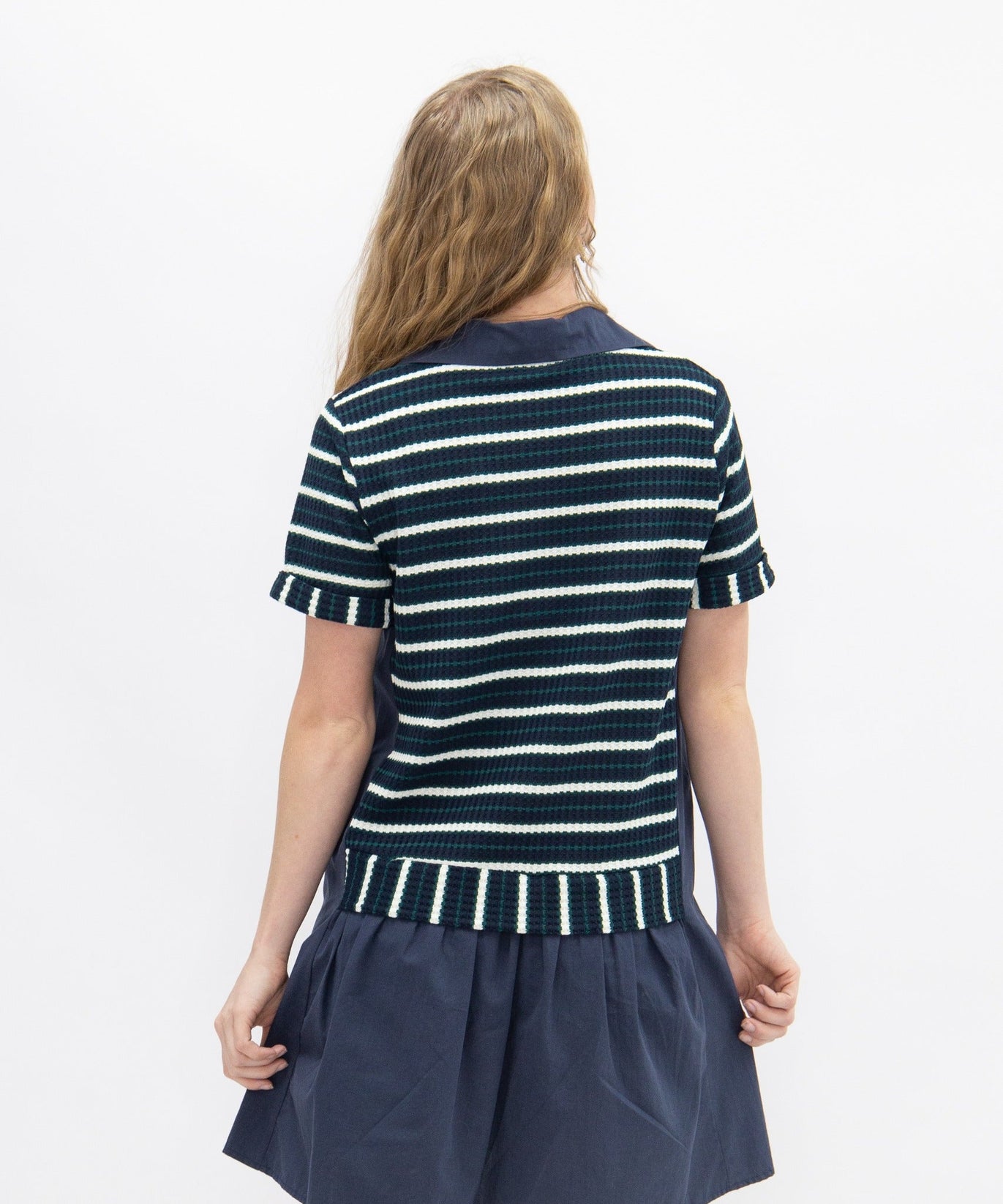Striped Knit Top with Attached Skirt, Navy