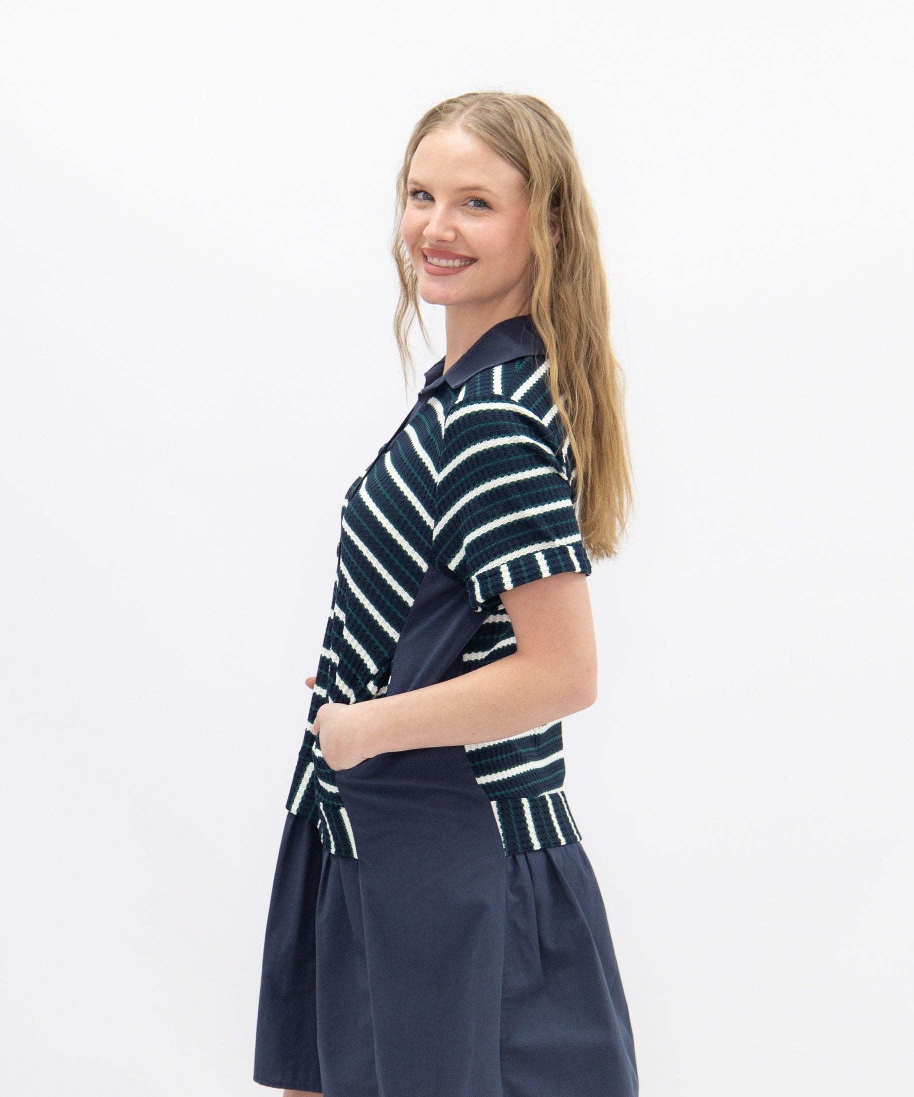 Striped Knit Top with Attached Skirt, Navy