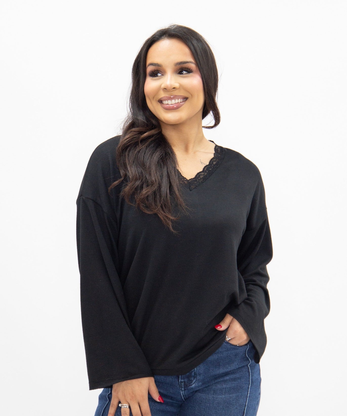Women's Black Lace Trim V-Neck Top | Oversized Fit | High Stretch | 96% Polyester