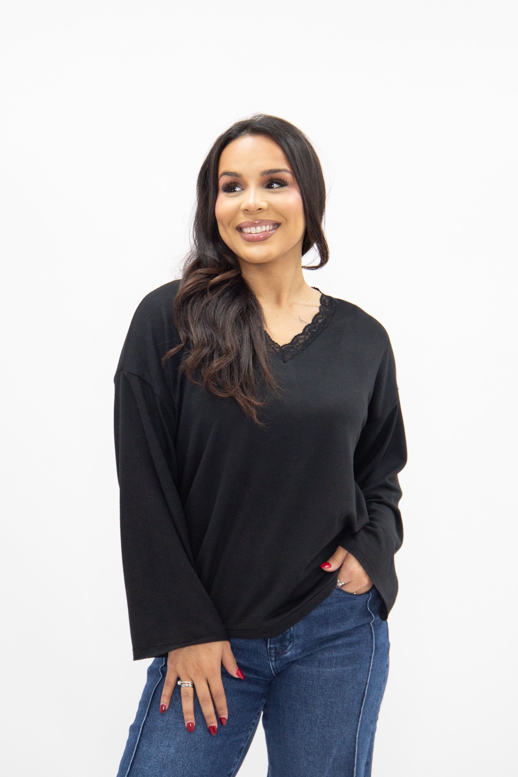 Women's Black Lace Trim V-Neck Top | Oversized Fit | High Stretch | 96% Polyester
