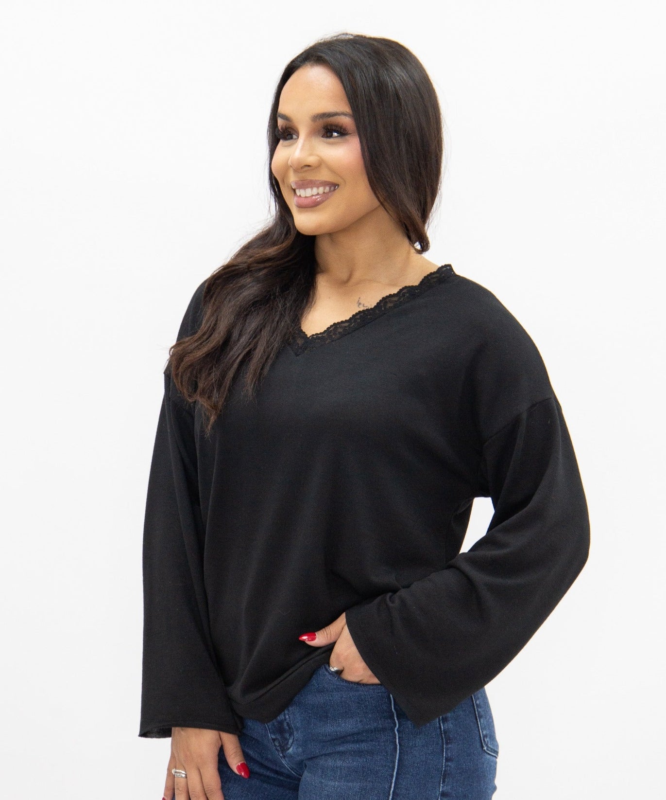 Women's Black Lace Trim V-Neck Top | Oversized Fit | High Stretch | 96% Polyester