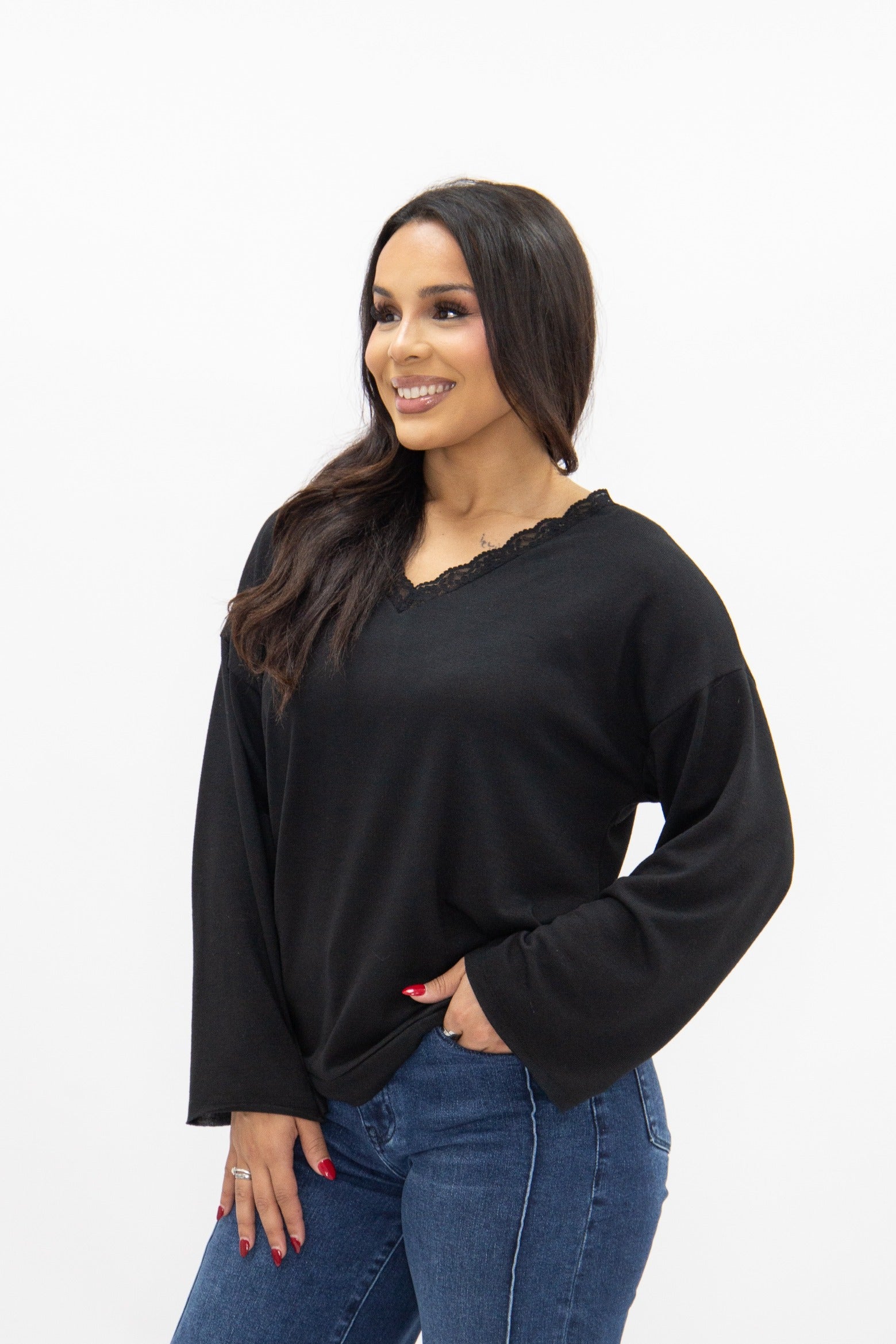 Women's Black Lace Trim V-Neck Top | Oversized Fit | High Stretch | 96% Polyester