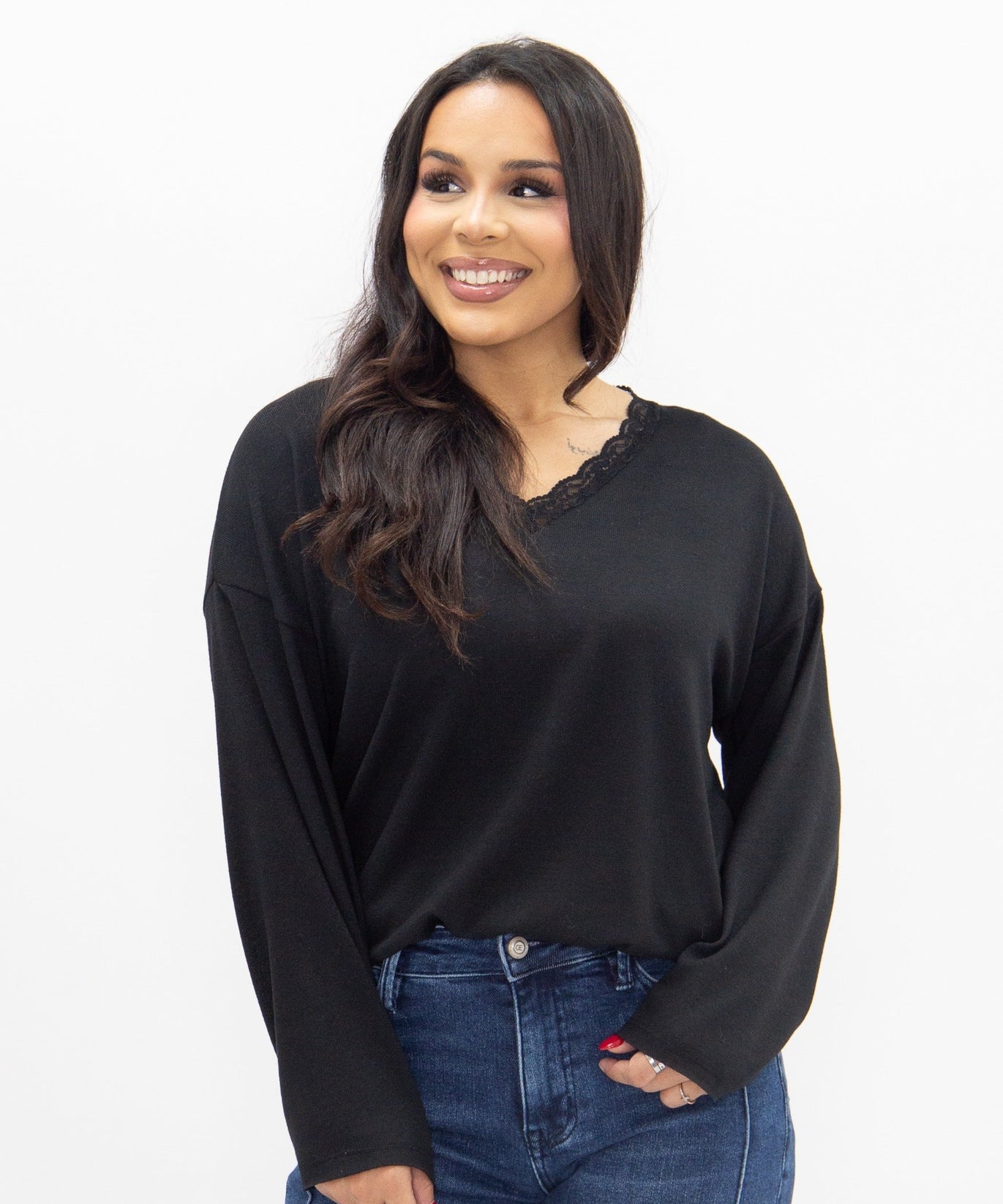 Women's Black Lace Trim V-Neck Top | Oversized Fit | High Stretch | 96% Polyester
