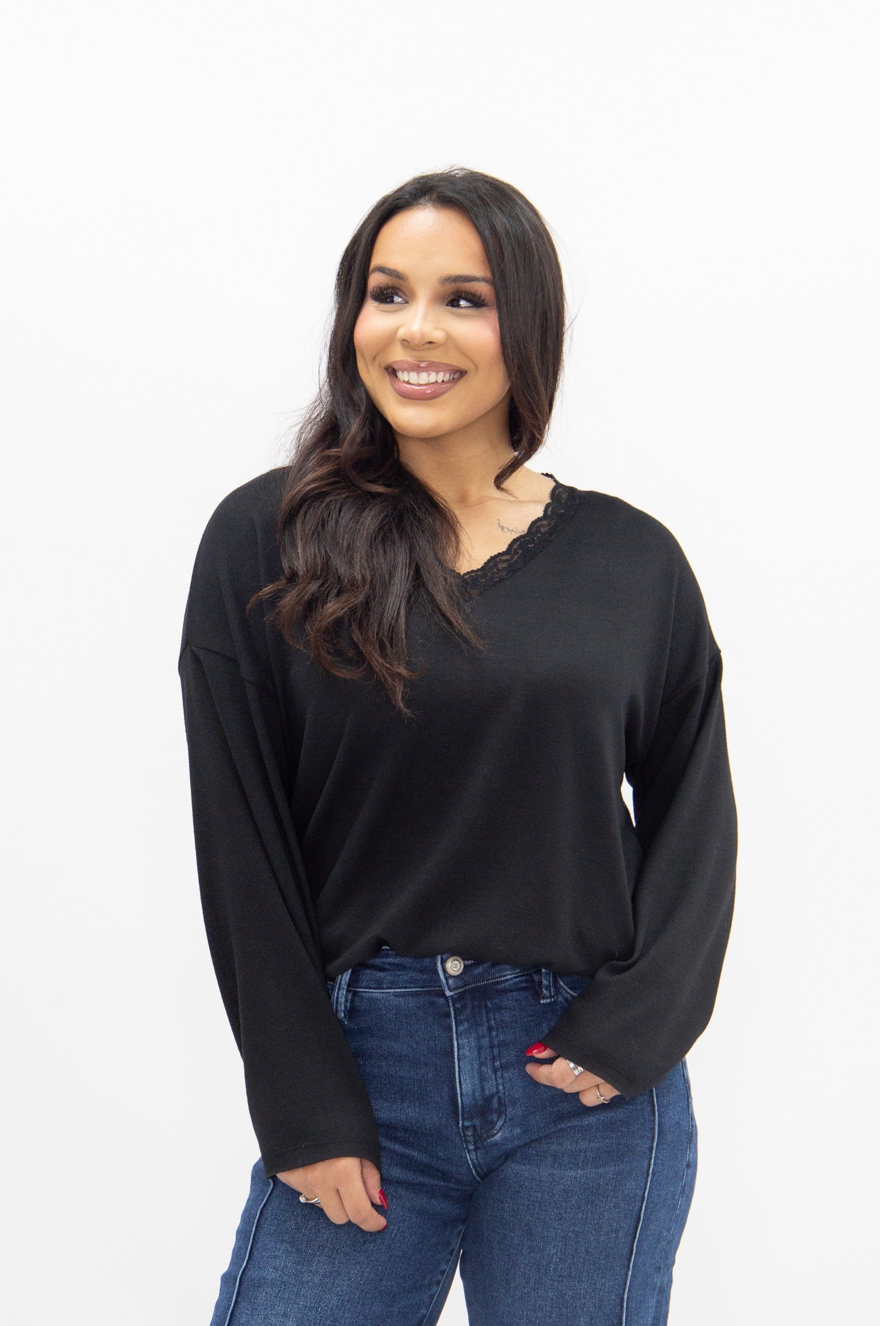 Women's Black Lace Trim V-Neck Top | Oversized Fit | High Stretch | 96% Polyester