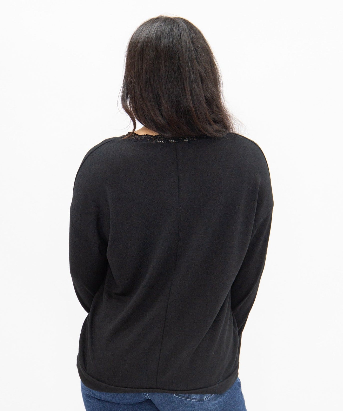 Women's Black Lace Trim V-Neck Top | Oversized Fit | High Stretch | 96% Polyester