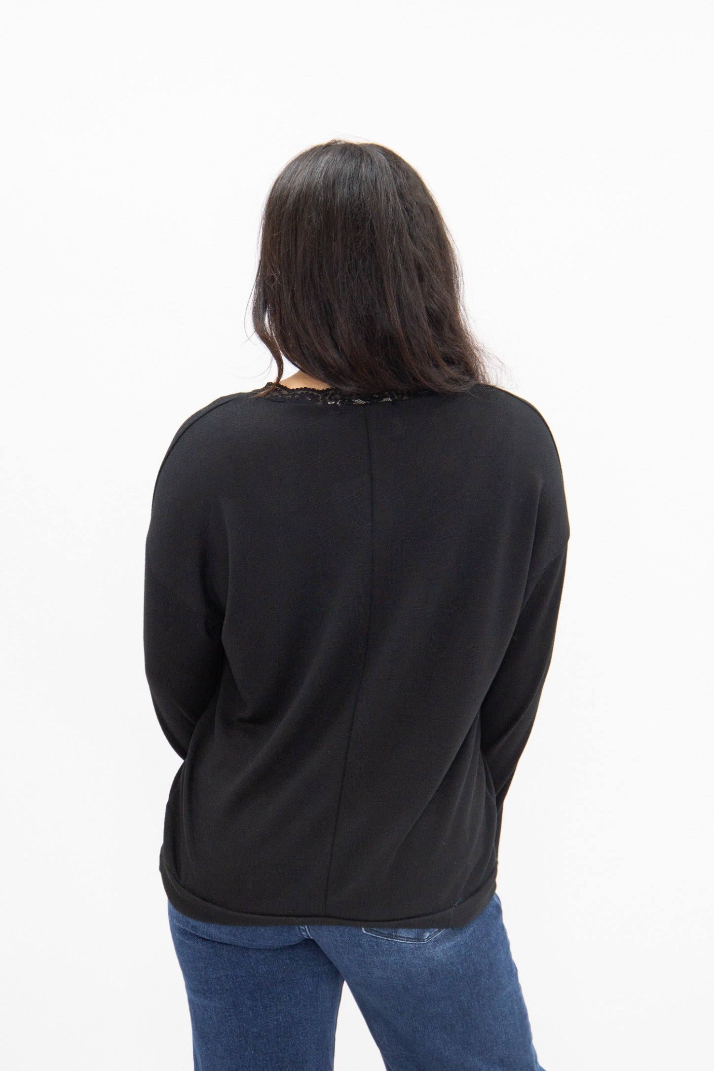Women's Black Lace Trim V-Neck Top | Oversized Fit | High Stretch | 96% Polyester
