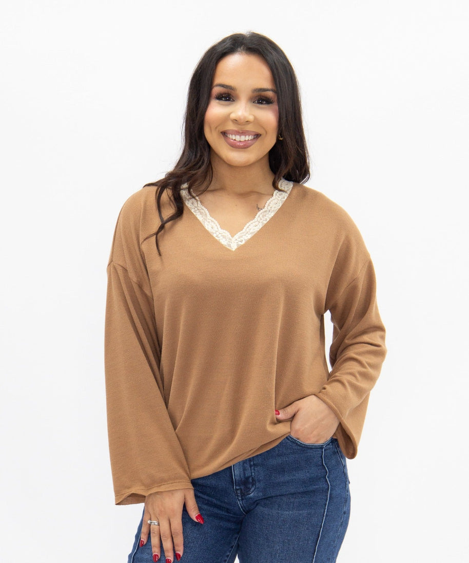 Women's Brown Lace Trim V-Neck Top | Oversized Fit | High Stretch | 96% Polyester