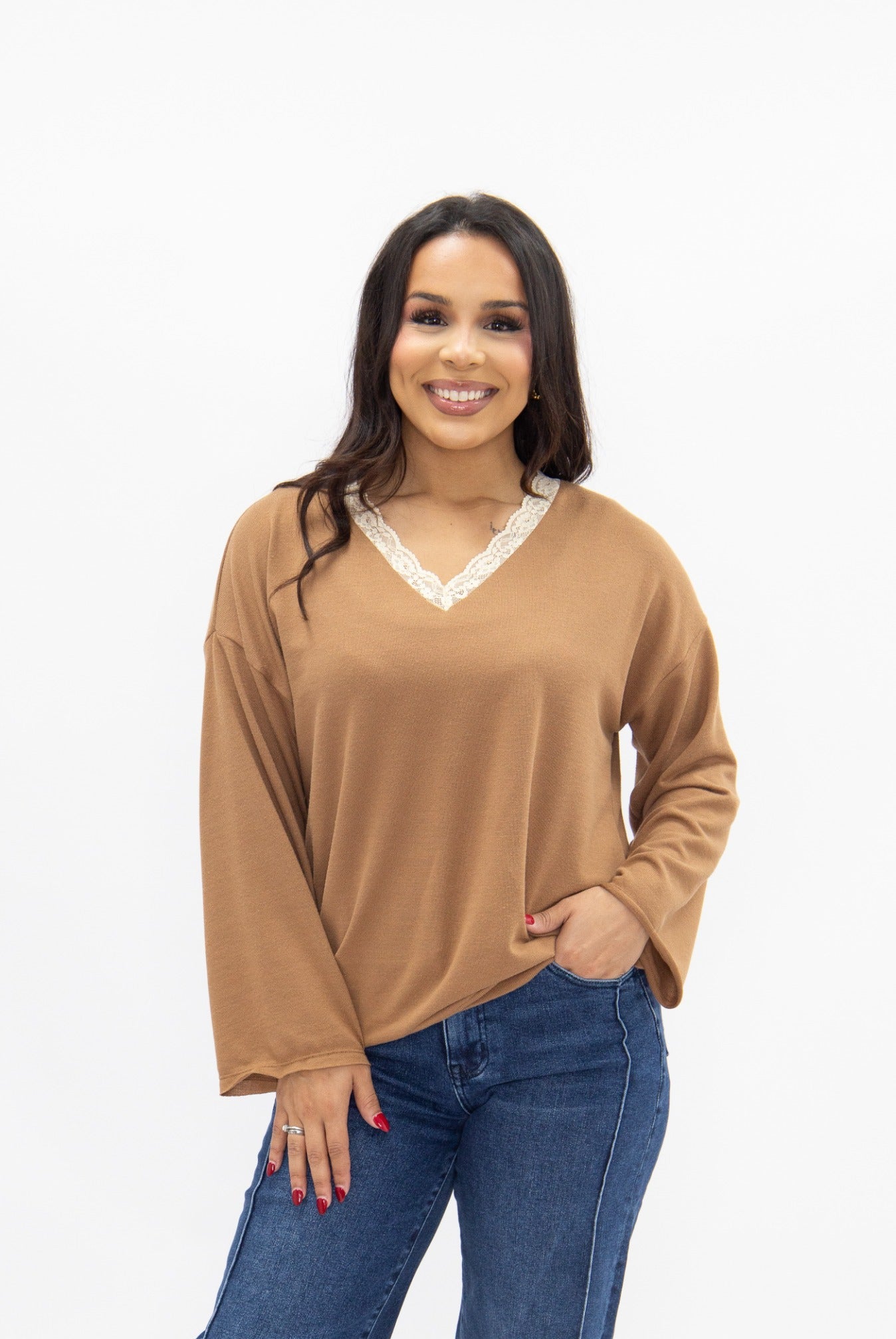 Women's Brown Lace Trim V-Neck Top | Oversized Fit | High Stretch | 96% Polyester
