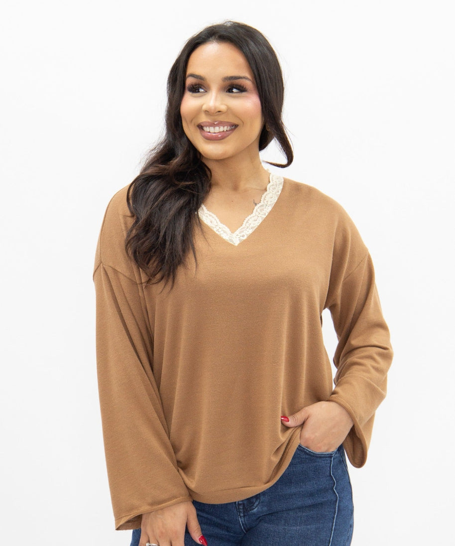 Women's Brown Lace Trim V-Neck Top | Oversized Fit | High Stretch | 96% Polyester