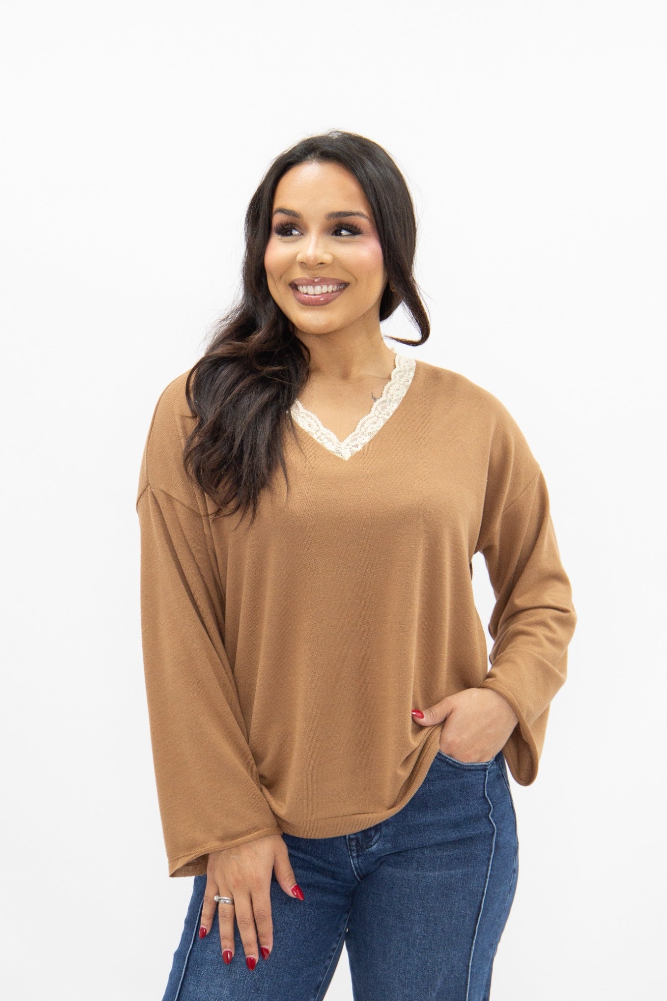 Women's Brown Lace Trim V-Neck Top | Oversized Fit | High Stretch | 96% Polyester