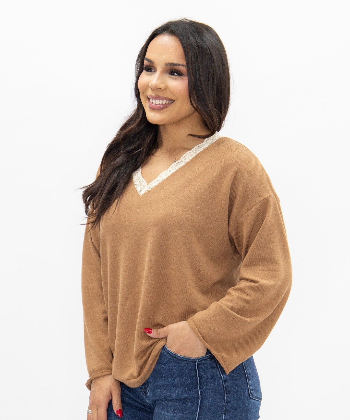 Women's Brown Lace Trim V-Neck Top | Oversized Fit | High Stretch | 96% Polyester