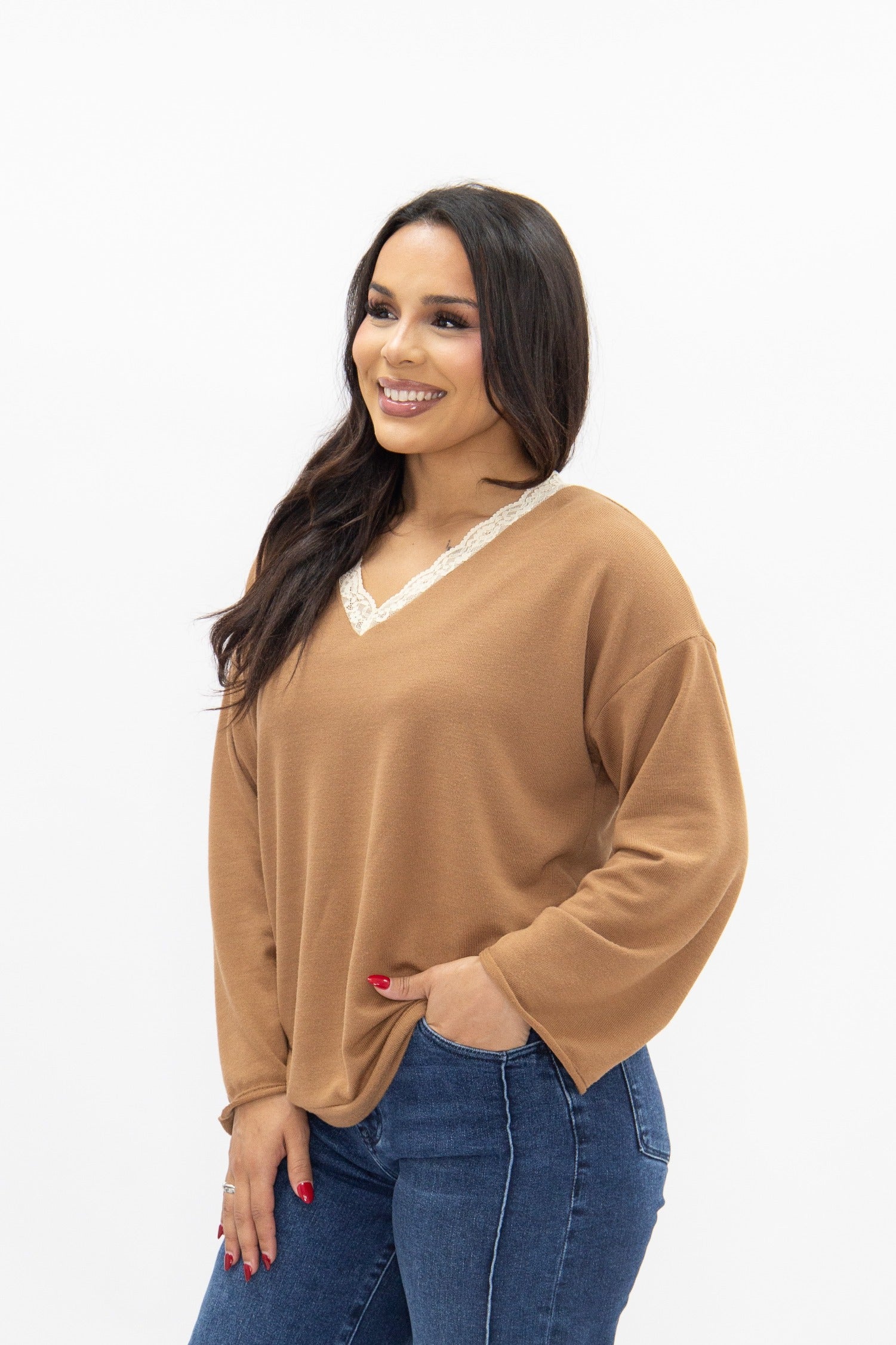 Women's Brown Lace Trim V-Neck Top | Oversized Fit | High Stretch | 96% Polyester