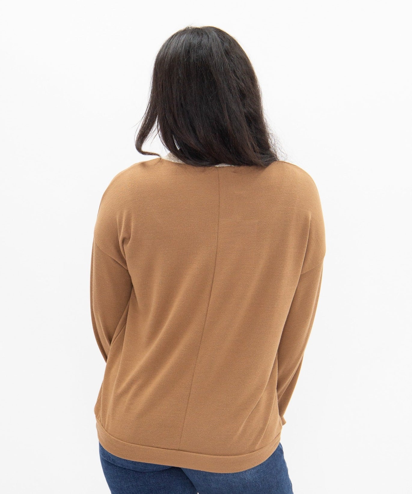 Women's Brown Lace Trim V-Neck Top | Oversized Fit | High Stretch | 96% Polyester