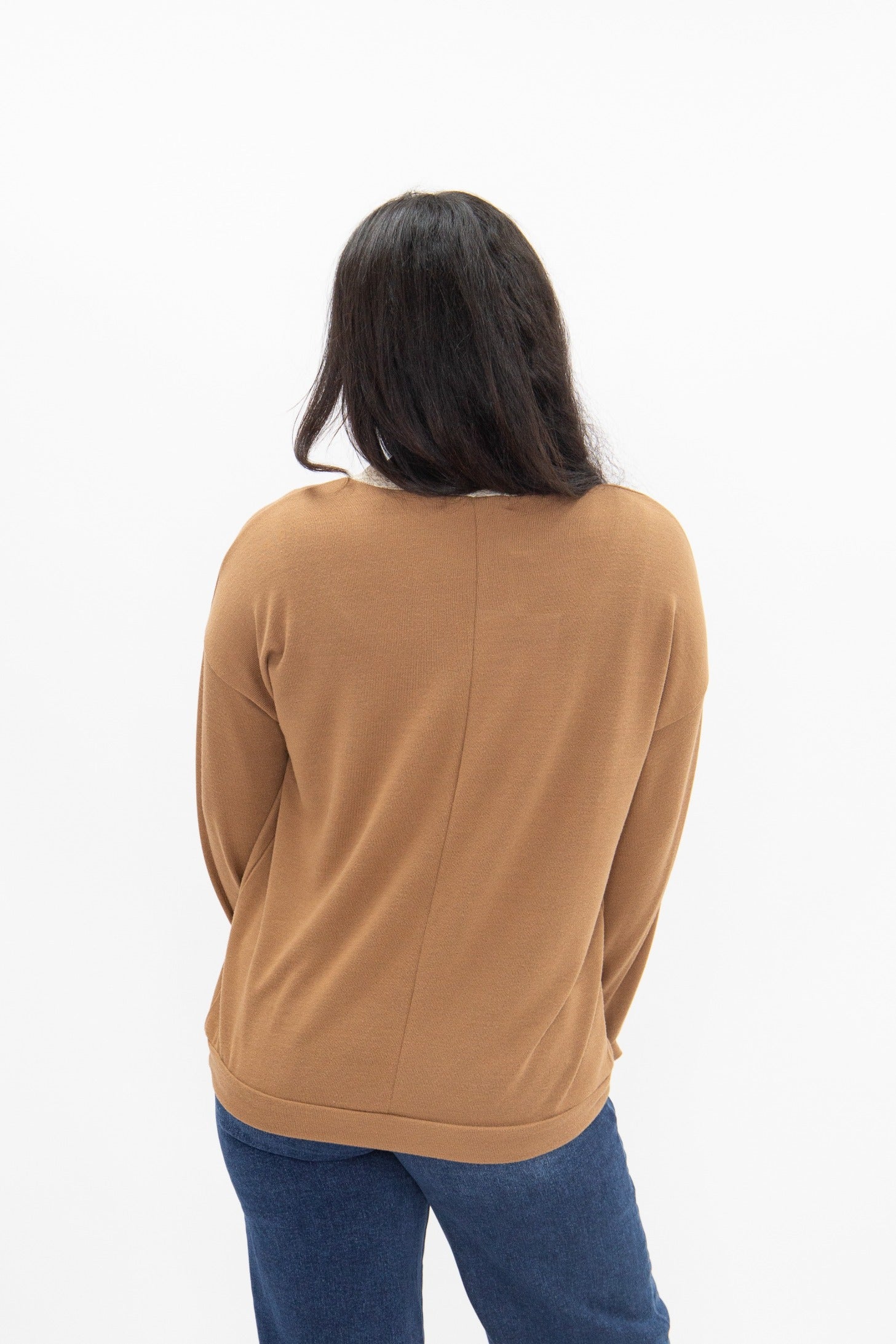 Women's Brown Lace Trim V-Neck Top | Oversized Fit | High Stretch | 96% Polyester