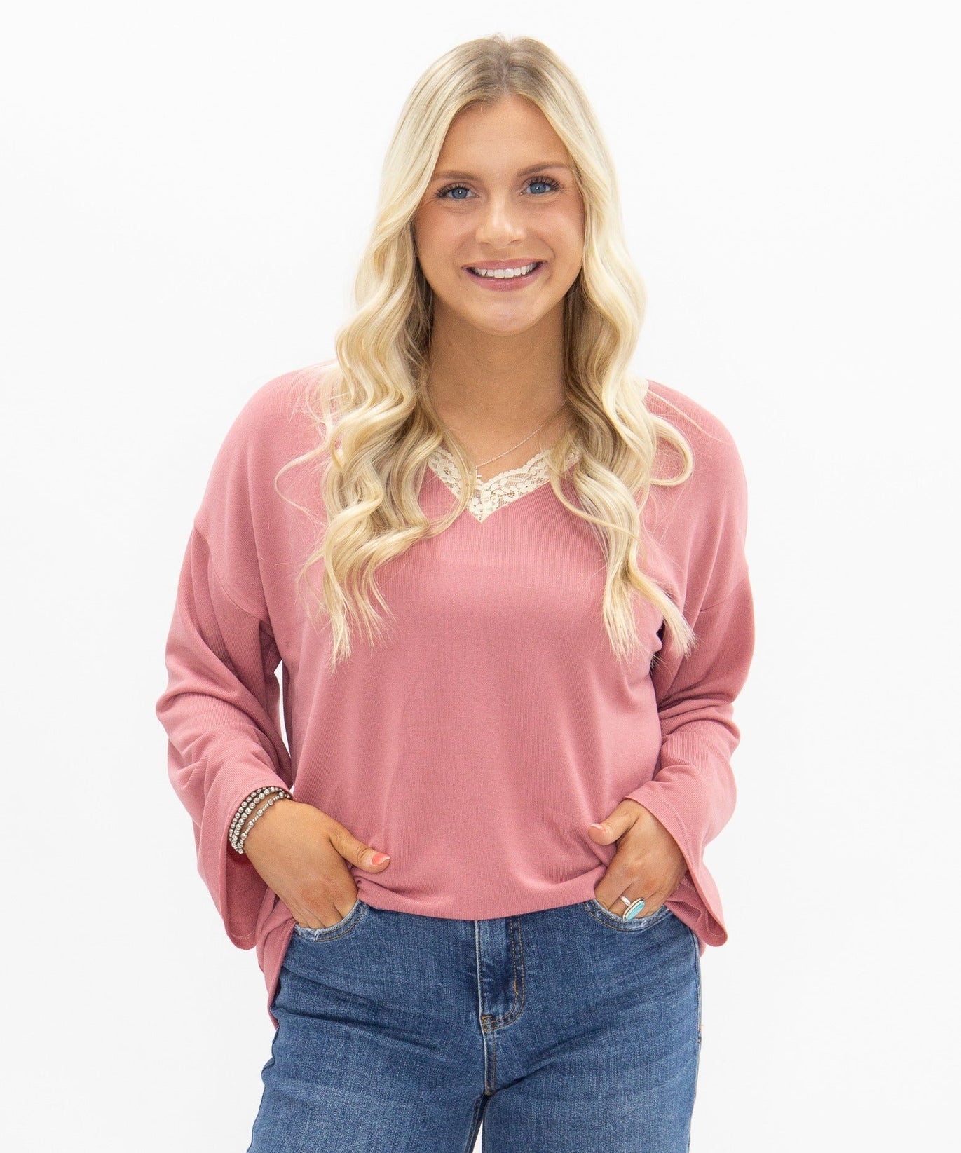 Women's Dusty Rose Lace Trim V-Neck Top | Oversized Fit | High Stretch | 96% Polyester