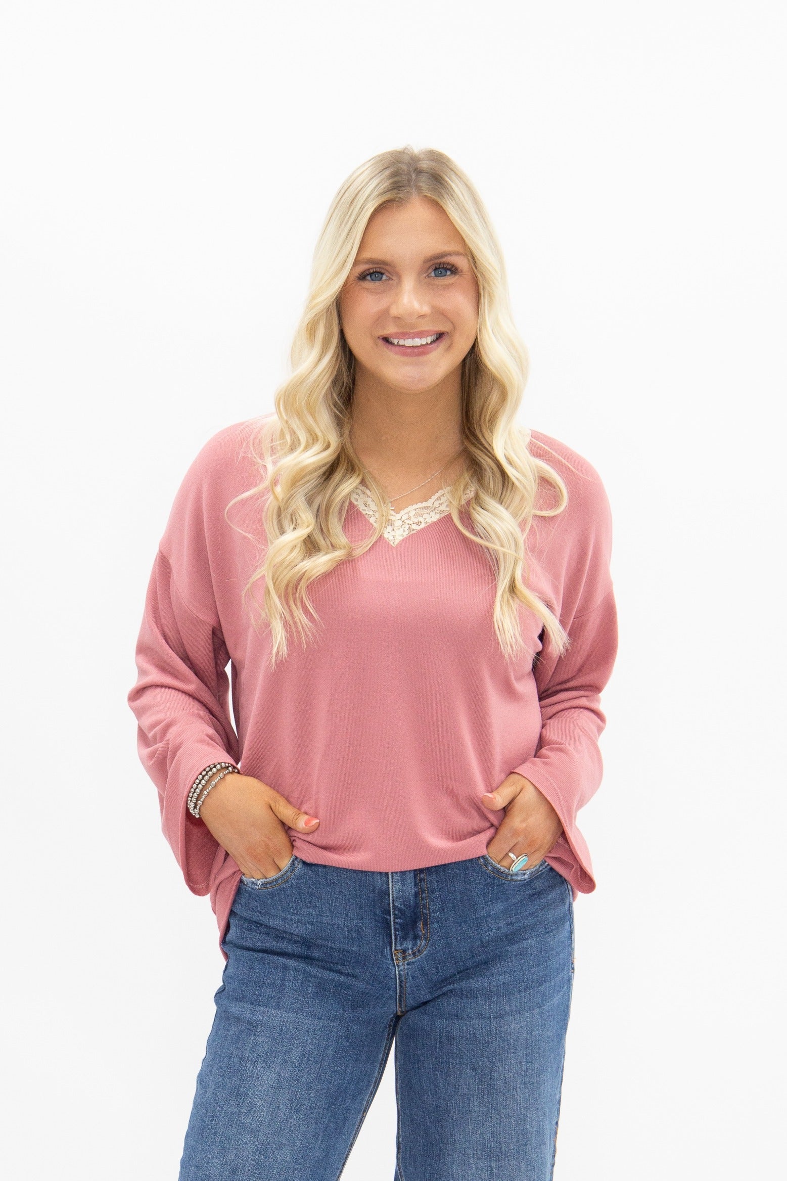 Women's Dusty Rose Lace Trim V-Neck Top | Oversized Fit | High Stretch | 96% Polyester
