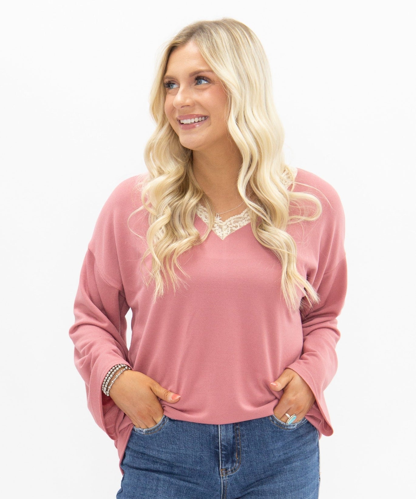 Women's Dusty Rose Lace Trim V-Neck Top | Oversized Fit | High Stretch | 96% Polyester
