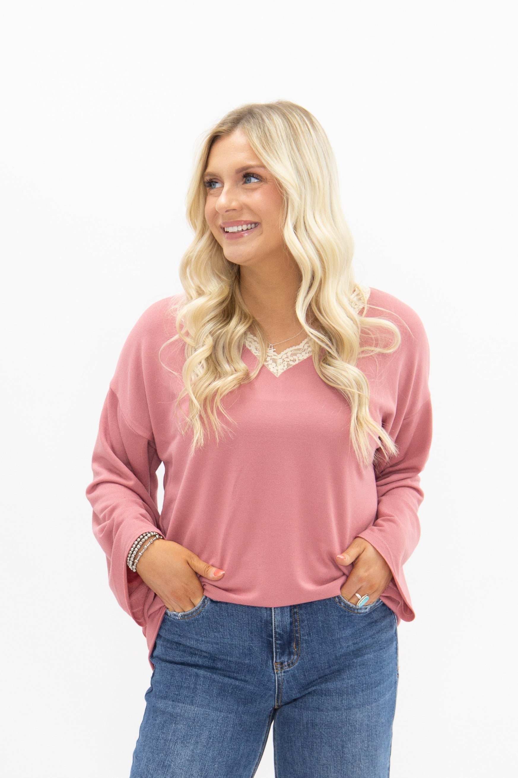 Women's Dusty Rose Lace Trim V-Neck Top | Oversized Fit | High Stretch | 96% Polyester