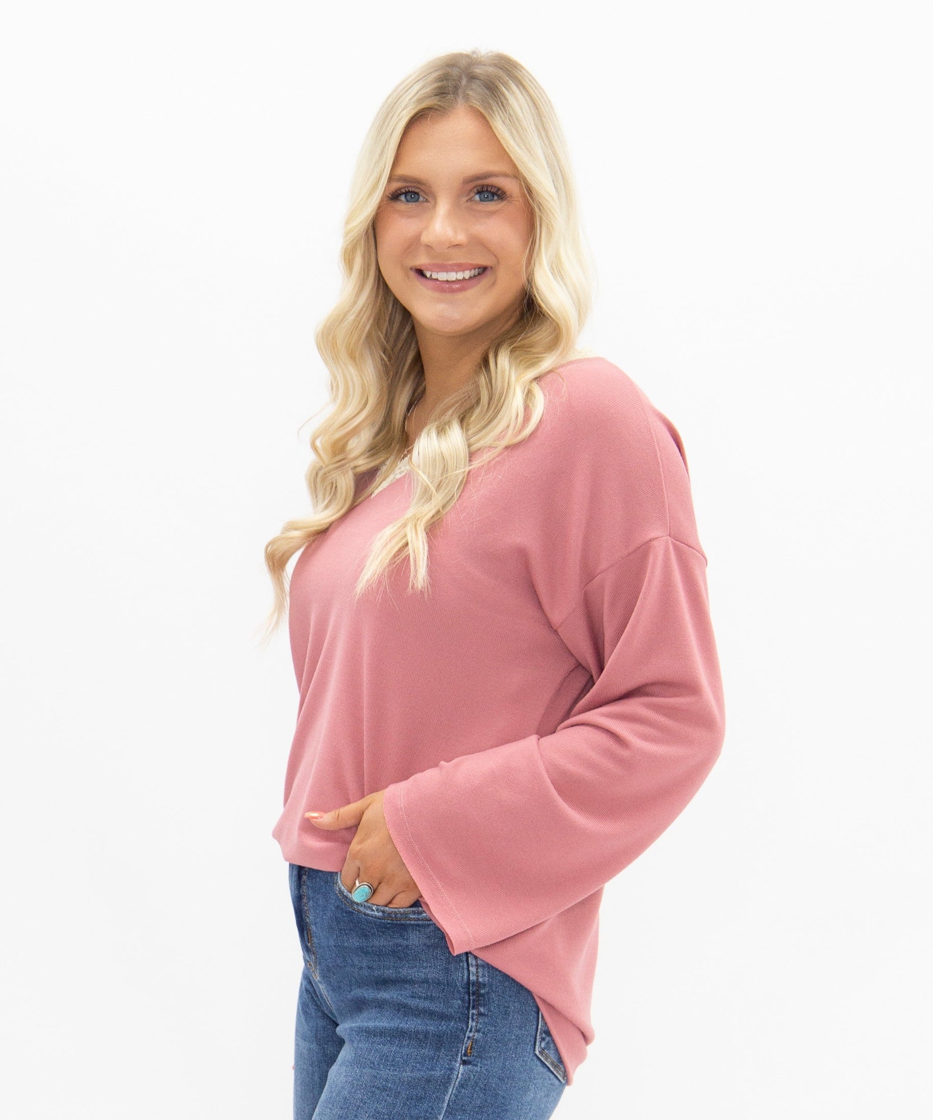 Women's Dusty Rose Lace Trim V-Neck Top | Oversized Fit | High Stretch | 96% Polyester
