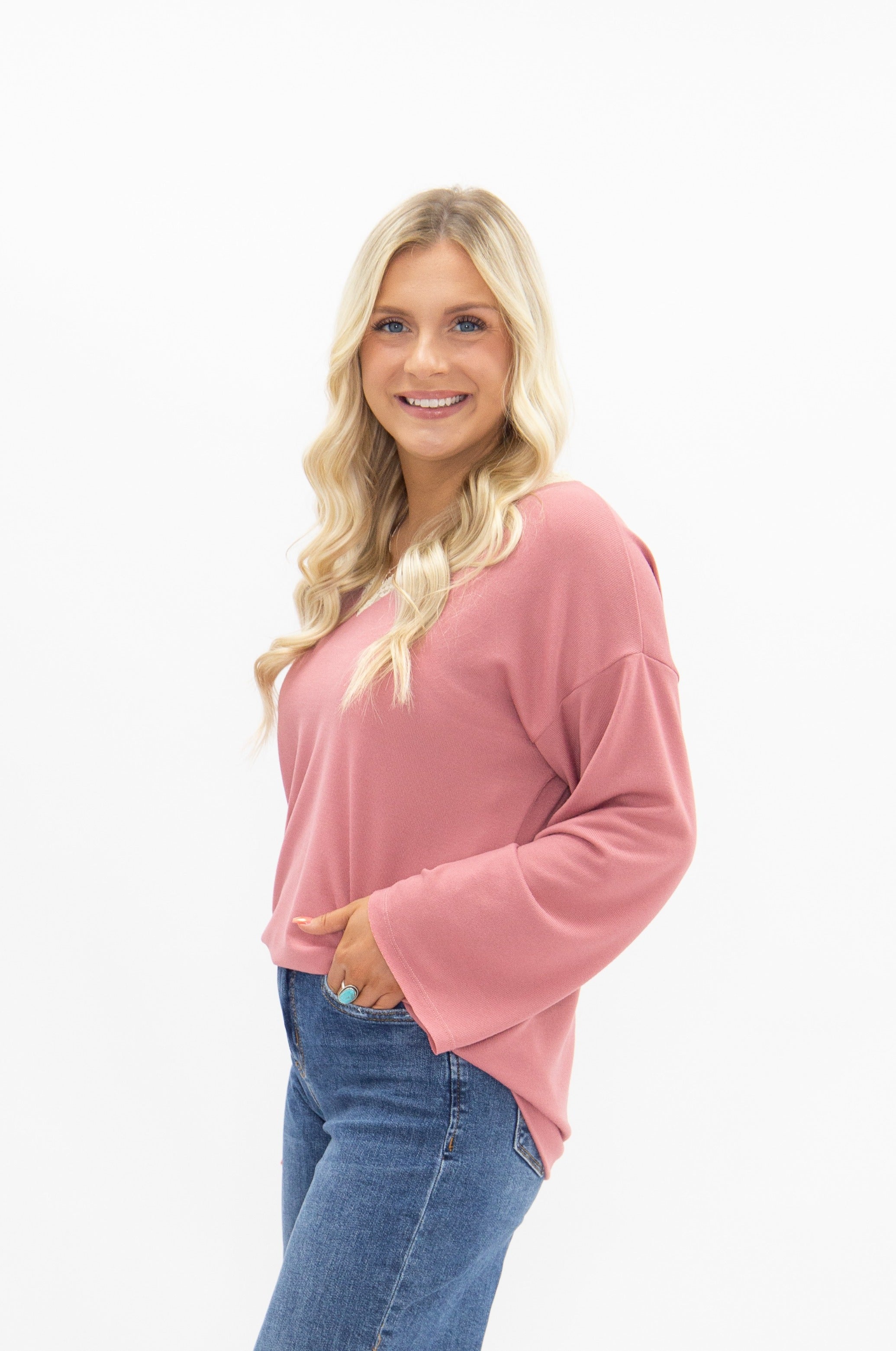 Women's Dusty Rose Lace Trim V-Neck Top | Oversized Fit | High Stretch | 96% Polyester