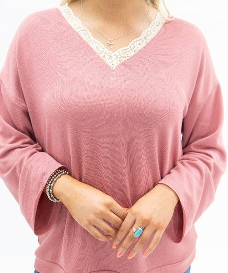 Women's Dusty Rose Lace Trim V-Neck Top | Oversized Fit | High Stretch | 96% Polyester