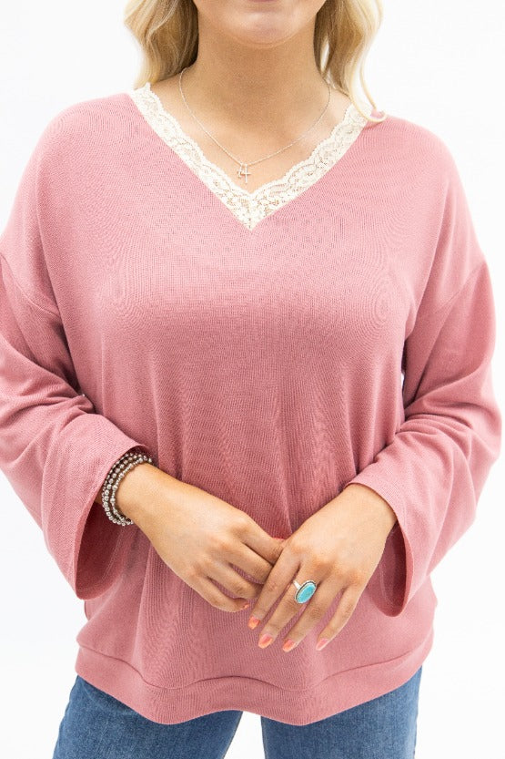 Women's Dusty Rose Lace Trim V-Neck Top | Oversized Fit | High Stretch | 96% Polyester