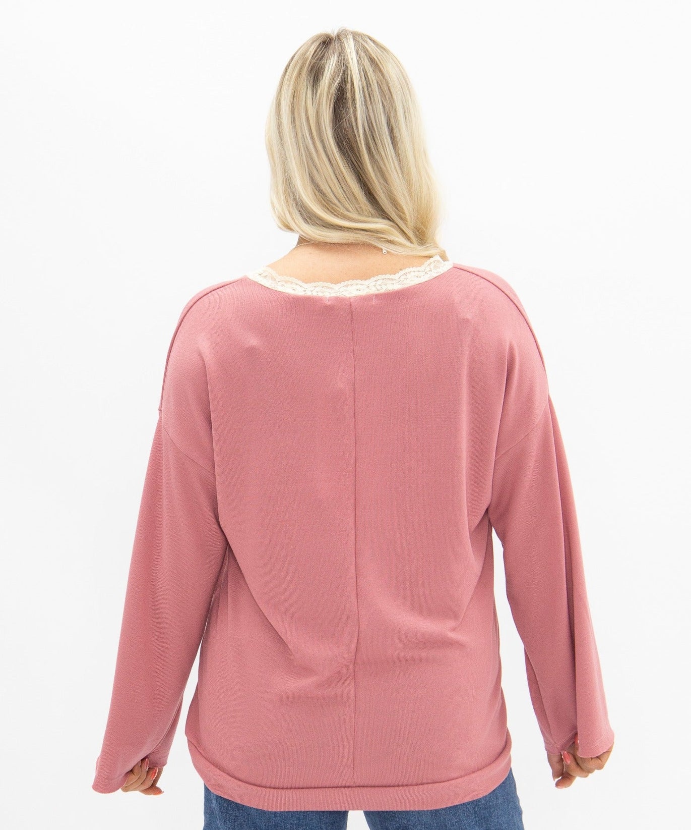Women's Dusty Rose Lace Trim V-Neck Top | Oversized Fit | High Stretch | 96% Polyester