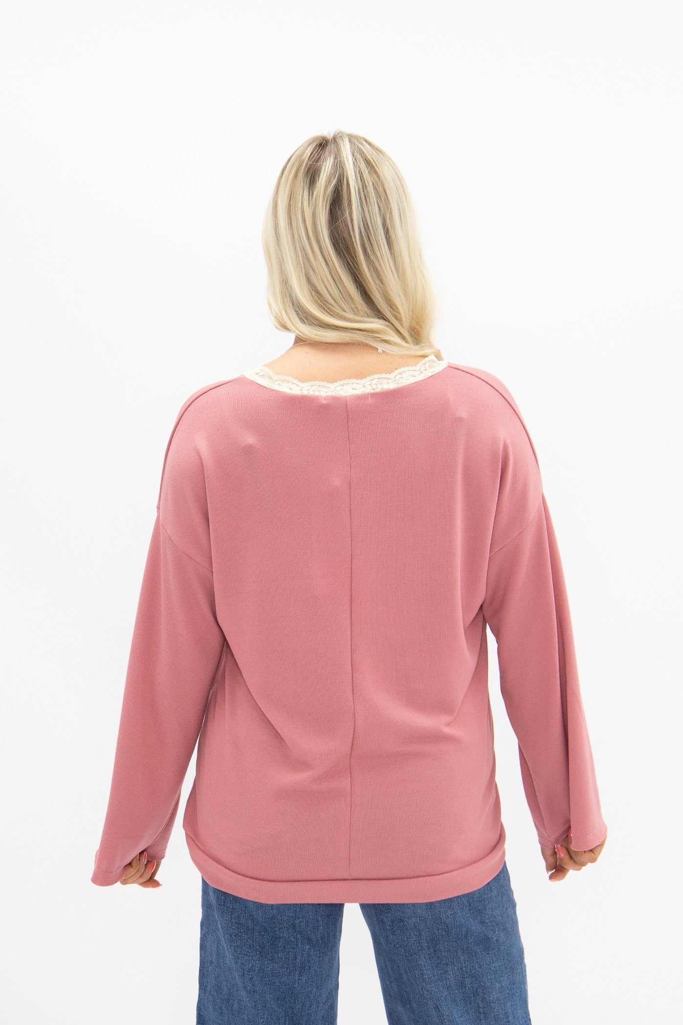 Women's Dusty Rose Lace Trim V-Neck Top | Oversized Fit | High Stretch | 96% Polyester