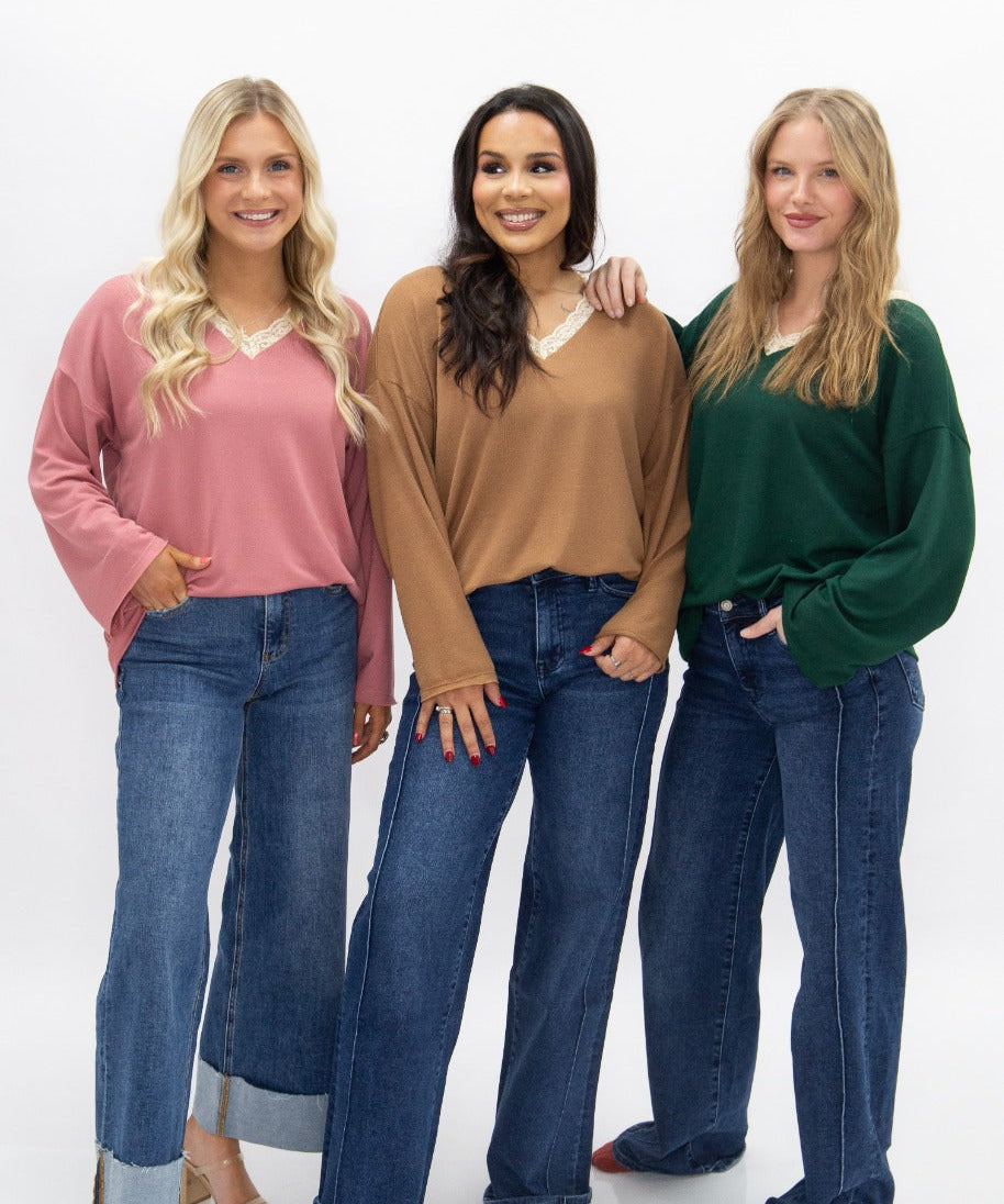 Women's Brown Lace Trim V-Neck Top | Oversized Fit | High Stretch | 96% Polyester