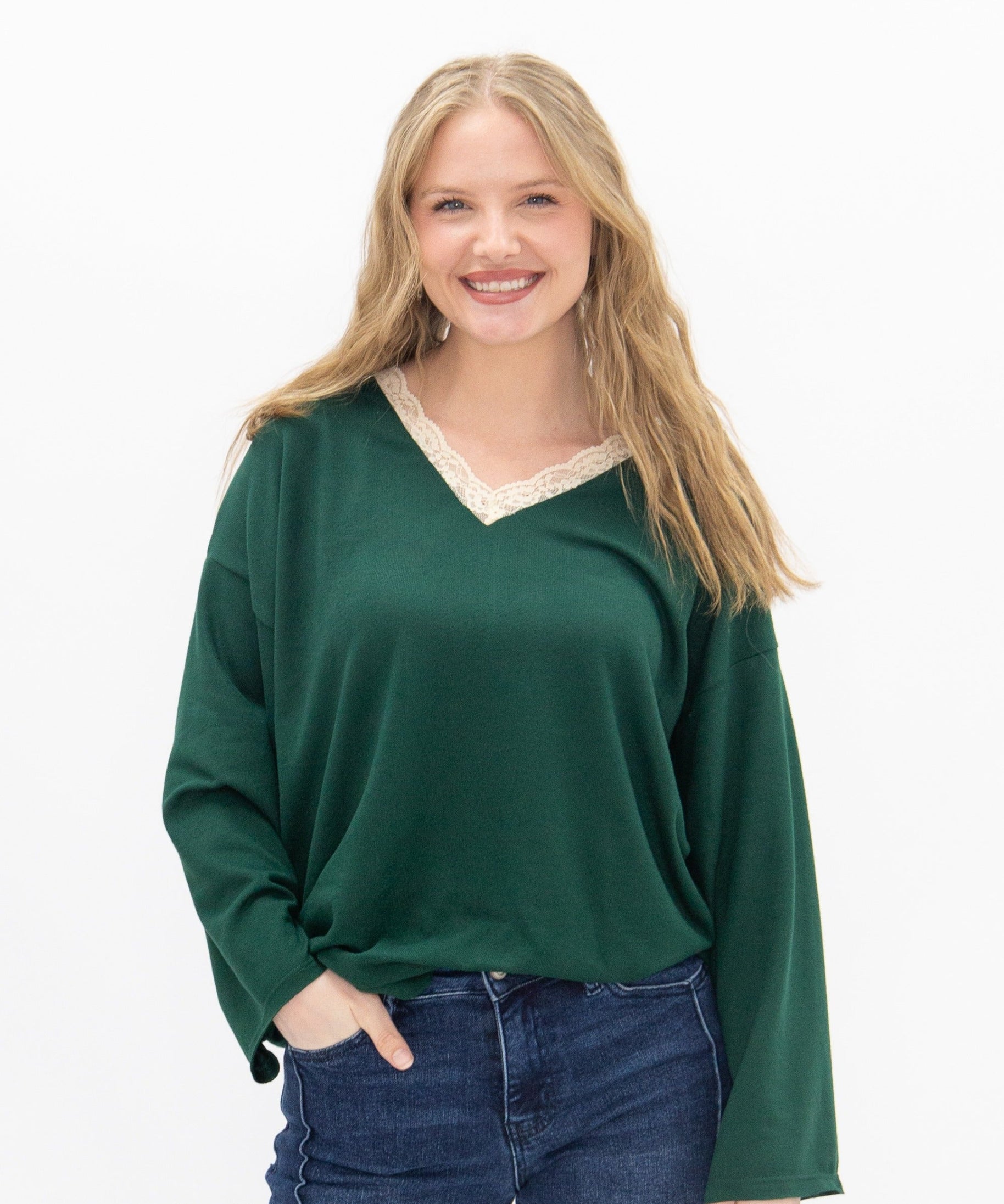 Women's Forest Green Lace Trim V-Neck Top | Oversized Fit | High Stretch | 96% Polyester