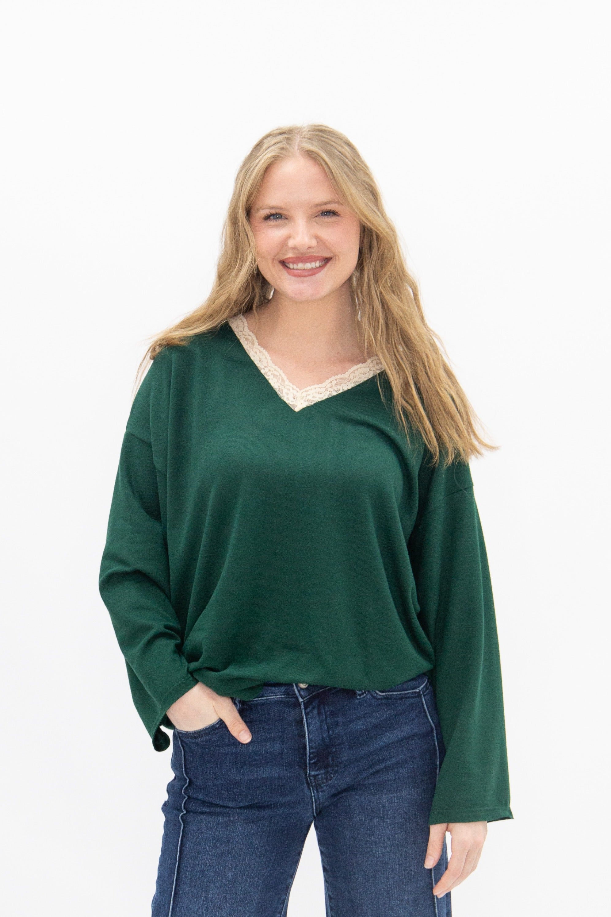 Women's Forest Green Lace Trim V-Neck Top | Oversized Fit | High Stretch | 96% Polyester