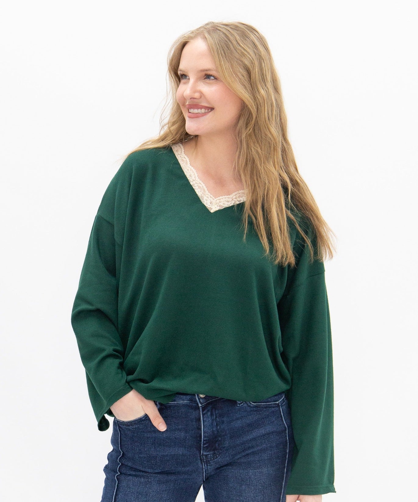 Women's Forest Green Lace Trim V-Neck Top | Oversized Fit | High Stretch | 96% Polyester