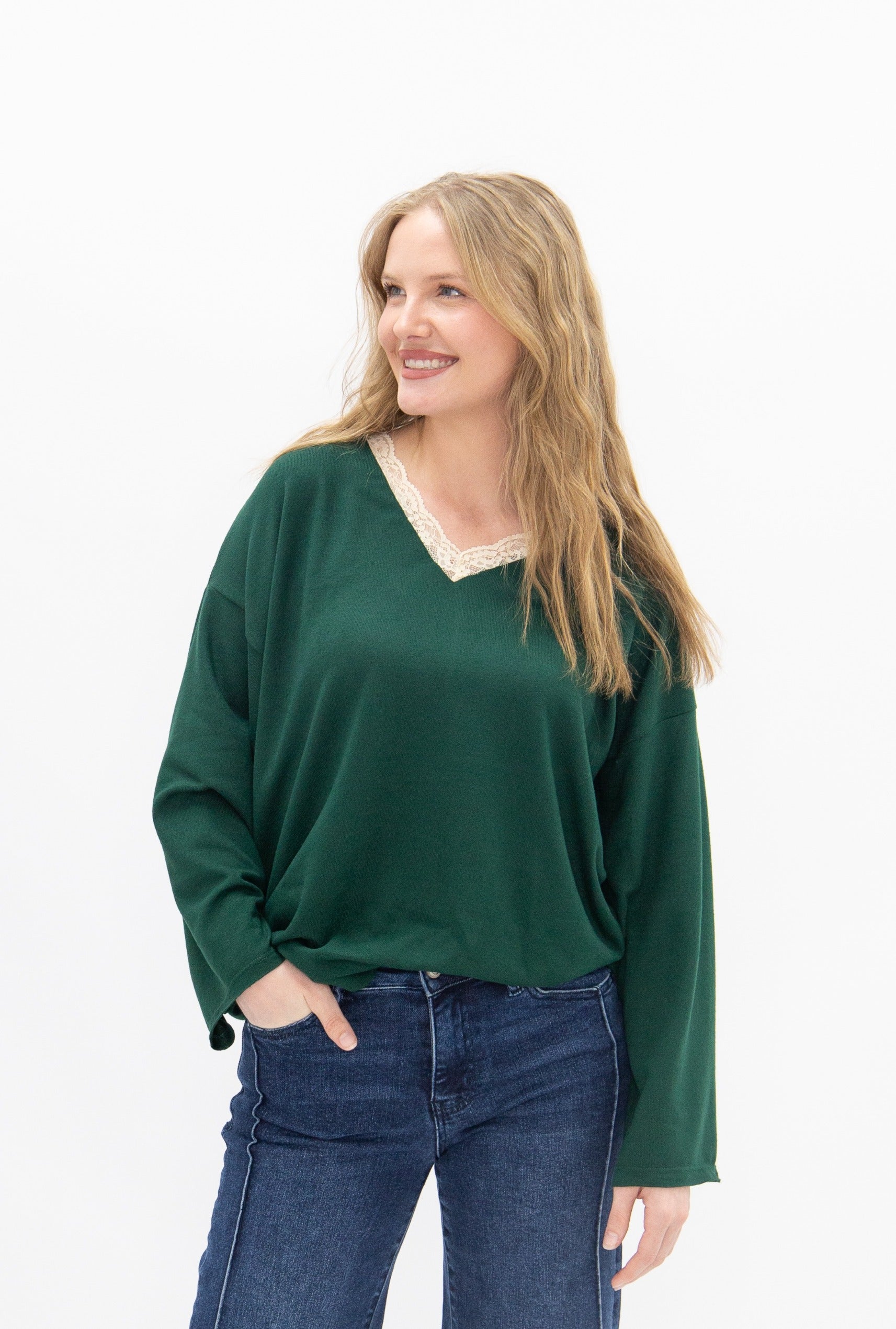 Women's Forest Green Lace Trim V-Neck Top | Oversized Fit | High Stretch | 96% Polyester