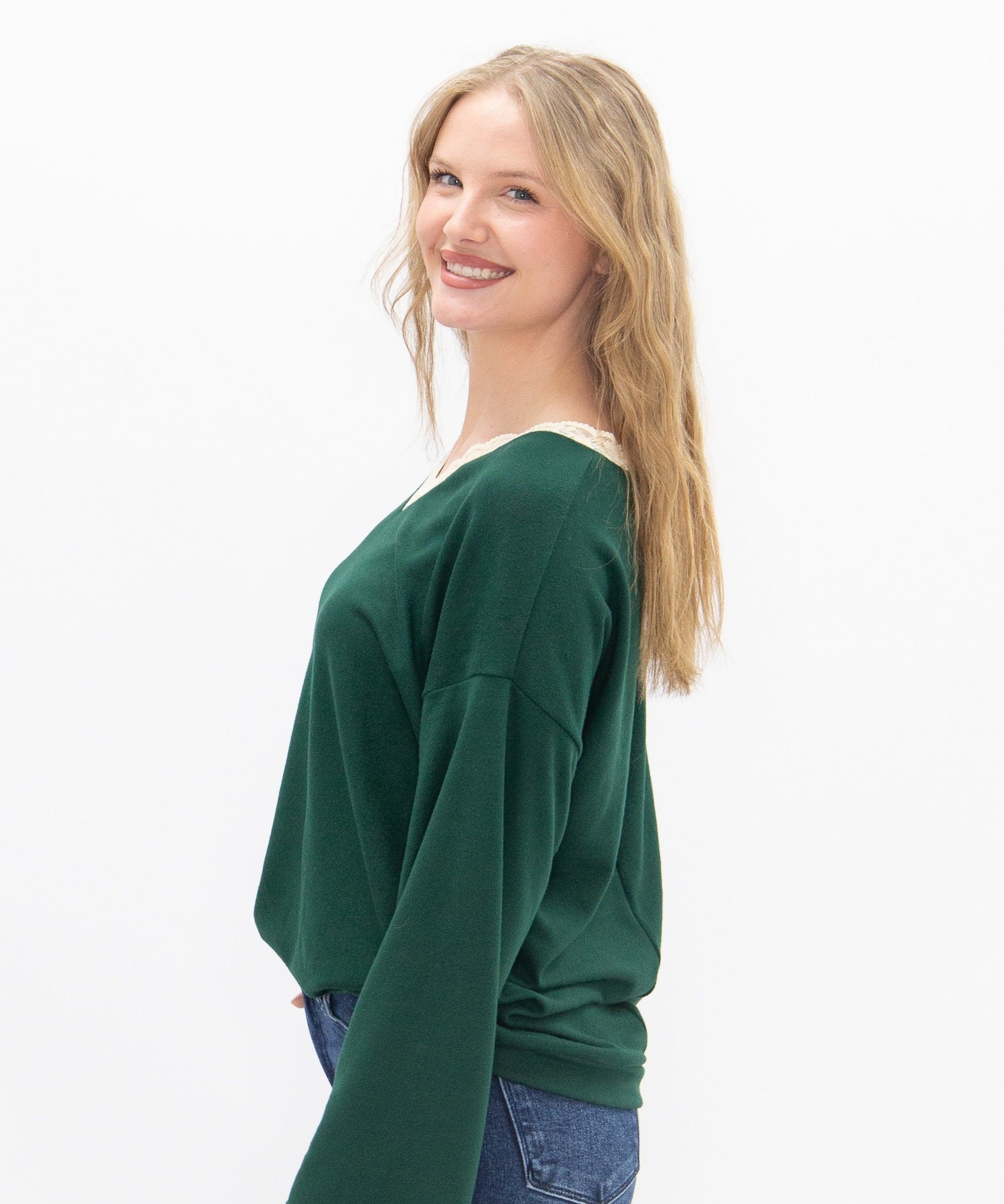 Women's Forest Green Lace Trim V-Neck Top | Oversized Fit | High Stretch | 96% Polyester