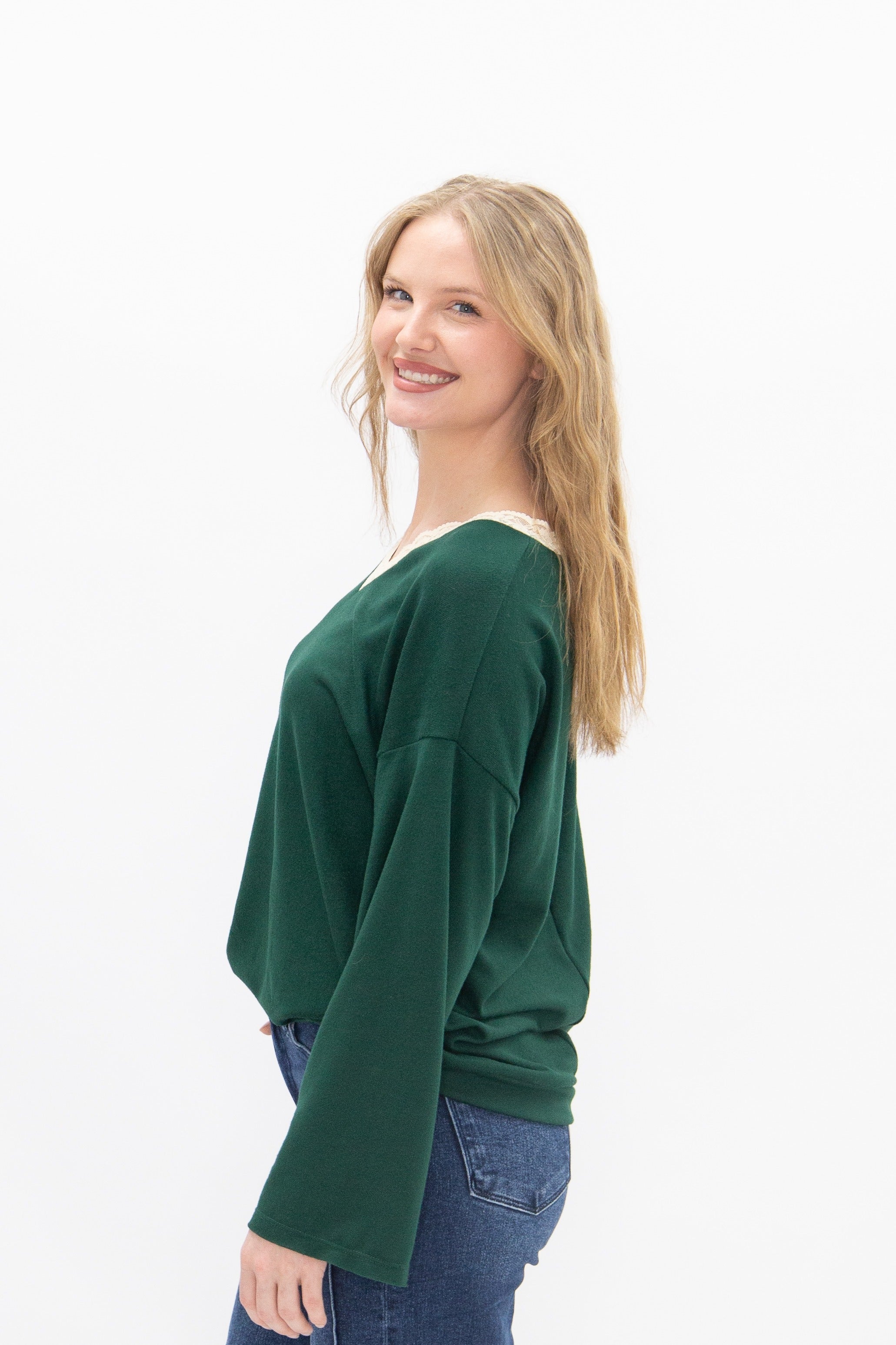 Women's Forest Green Lace Trim V-Neck Top | Oversized Fit | High Stretch | 96% Polyester