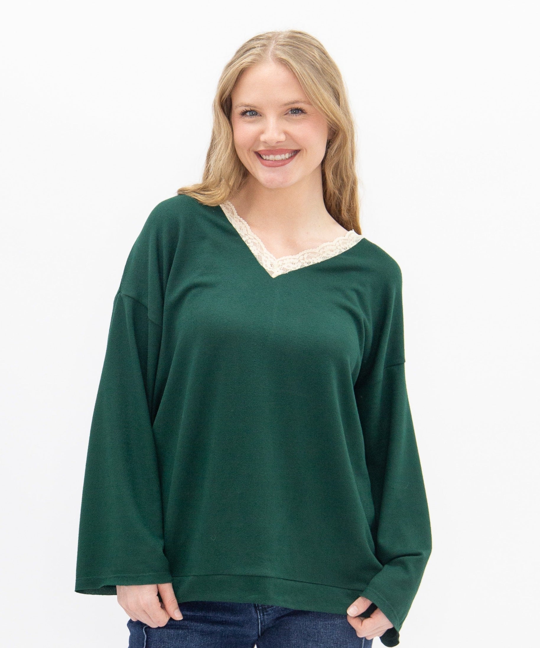 Women's Forest Green Lace Trim V-Neck Top | Oversized Fit | High Stretch | 96% Polyester