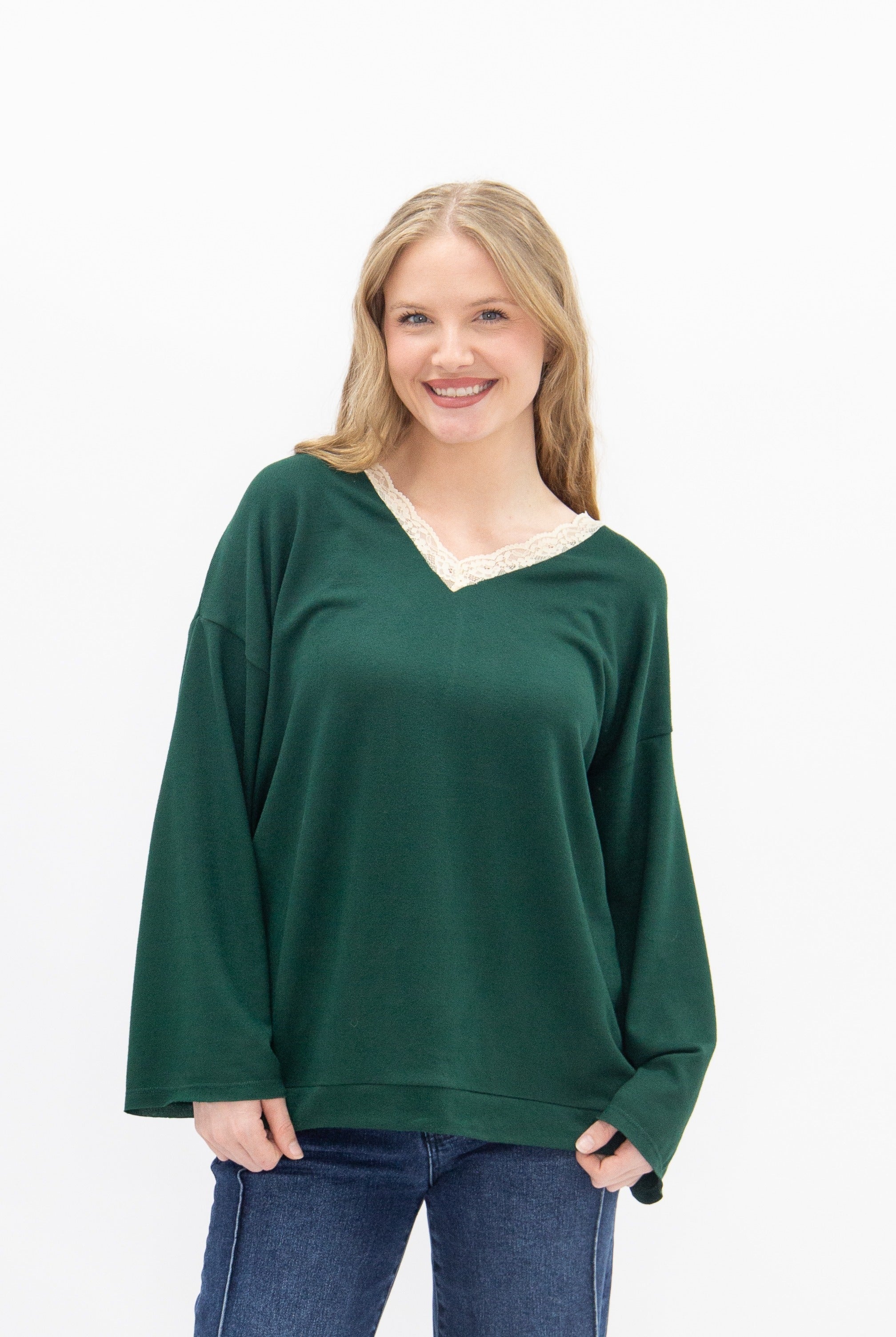 Women's Forest Green Lace Trim V-Neck Top | Oversized Fit | High Stretch | 96% Polyester