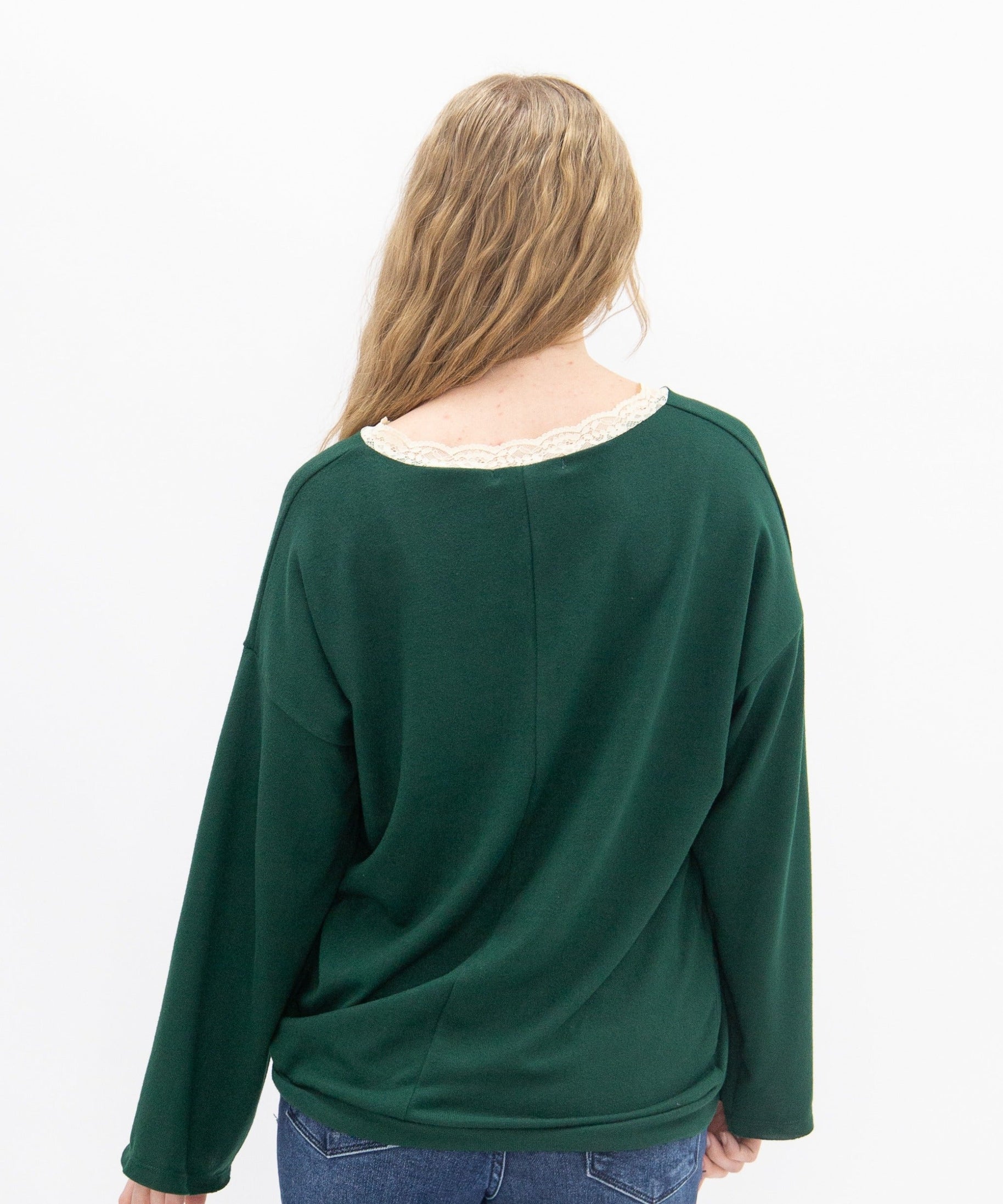 Women's Forest Green Lace Trim V-Neck Top | Oversized Fit | High Stretch | 96% Polyester