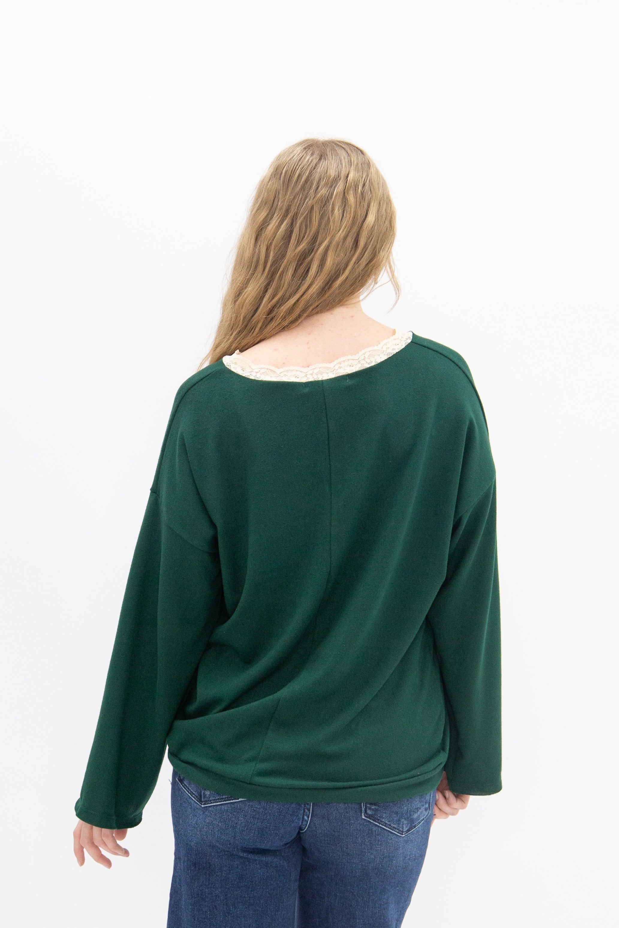 Women's Forest Green Lace Trim V-Neck Top | Oversized Fit | High Stretch | 96% Polyester
