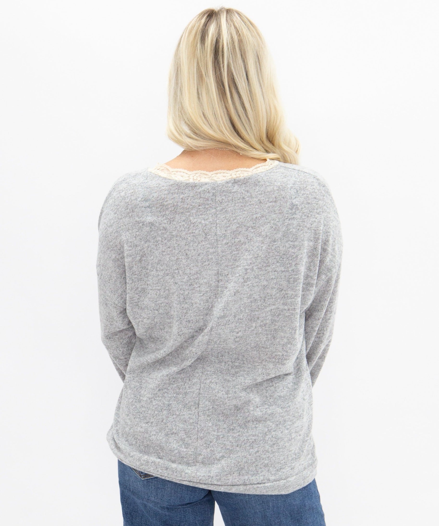 Women's Grey Lace Trim V-Neck Top | Oversized Fit | High Stretch | 96% Polyester